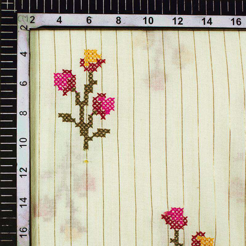 Off White And Fuchsia Floral Pattern Embroidery Cotton Lurex Fabric - Fabcurate