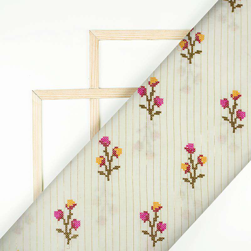 Off White And Fuchsia Floral Pattern Embroidery Cotton Lurex Fabric - Fabcurate