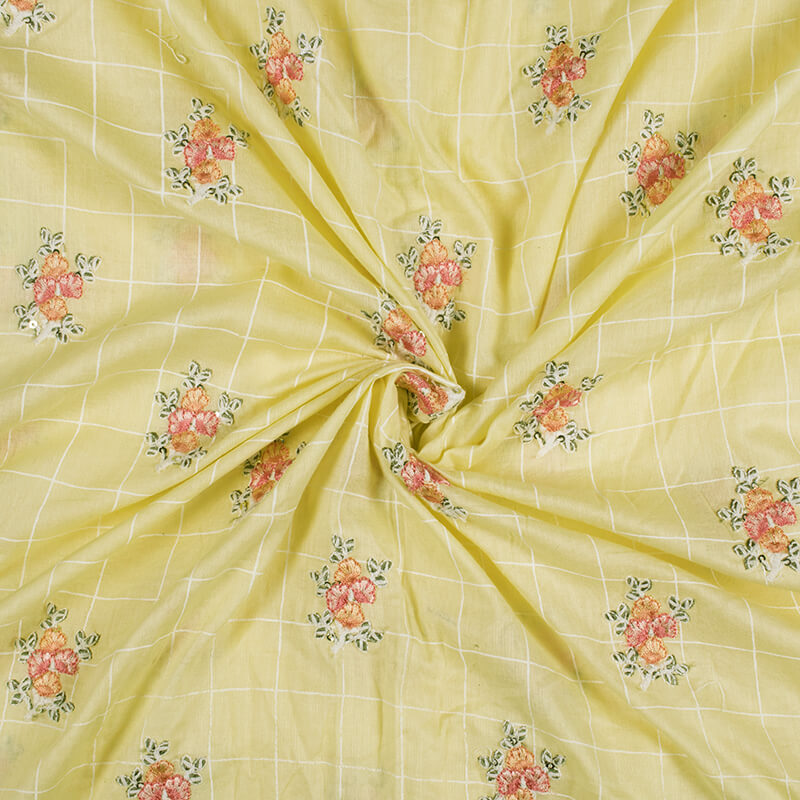 Pastel Yellow Floral Pattern Embroidery Khari Checks Cotton Fabric - Fabcurate