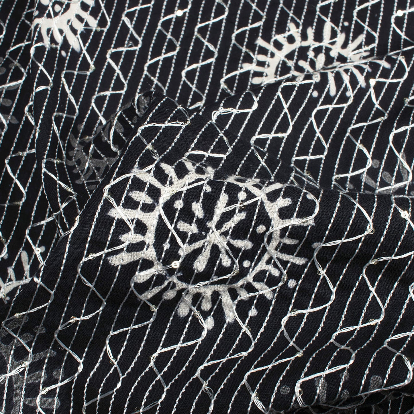 Monochrome Traditional Pattern Sequins Embroidery Handblock Cotton Fabric