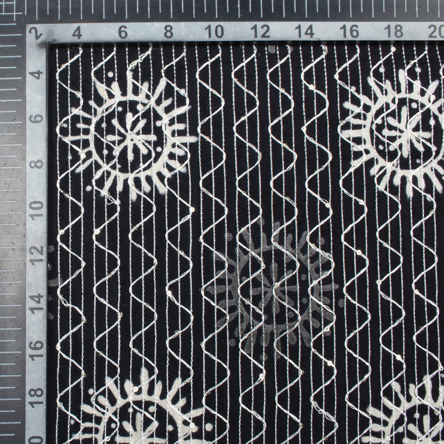 Monochrome Traditional Pattern Sequins Embroidery Handblock Cotton Fabric