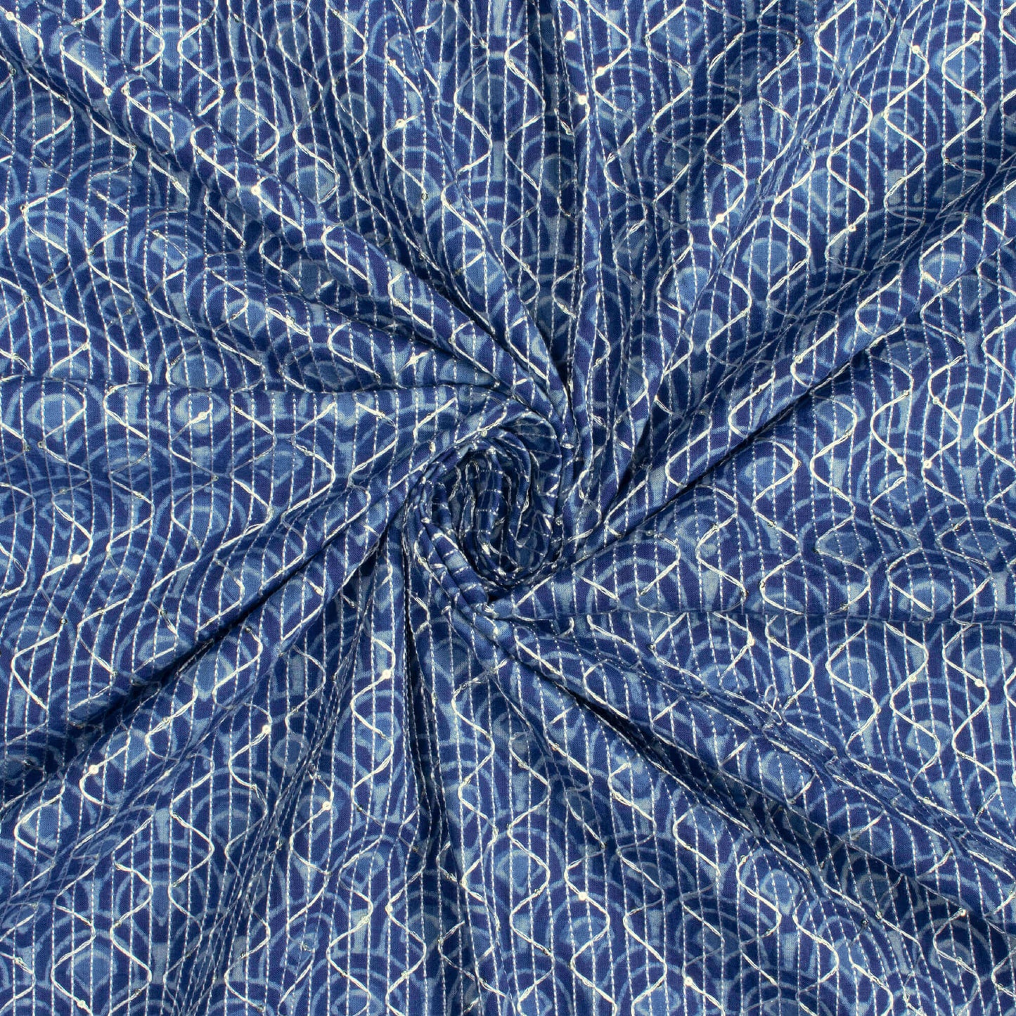 Indigo Trellis Pattern Sequins Embroidery Natural Dye Akola Handblock Cotton Fabric
