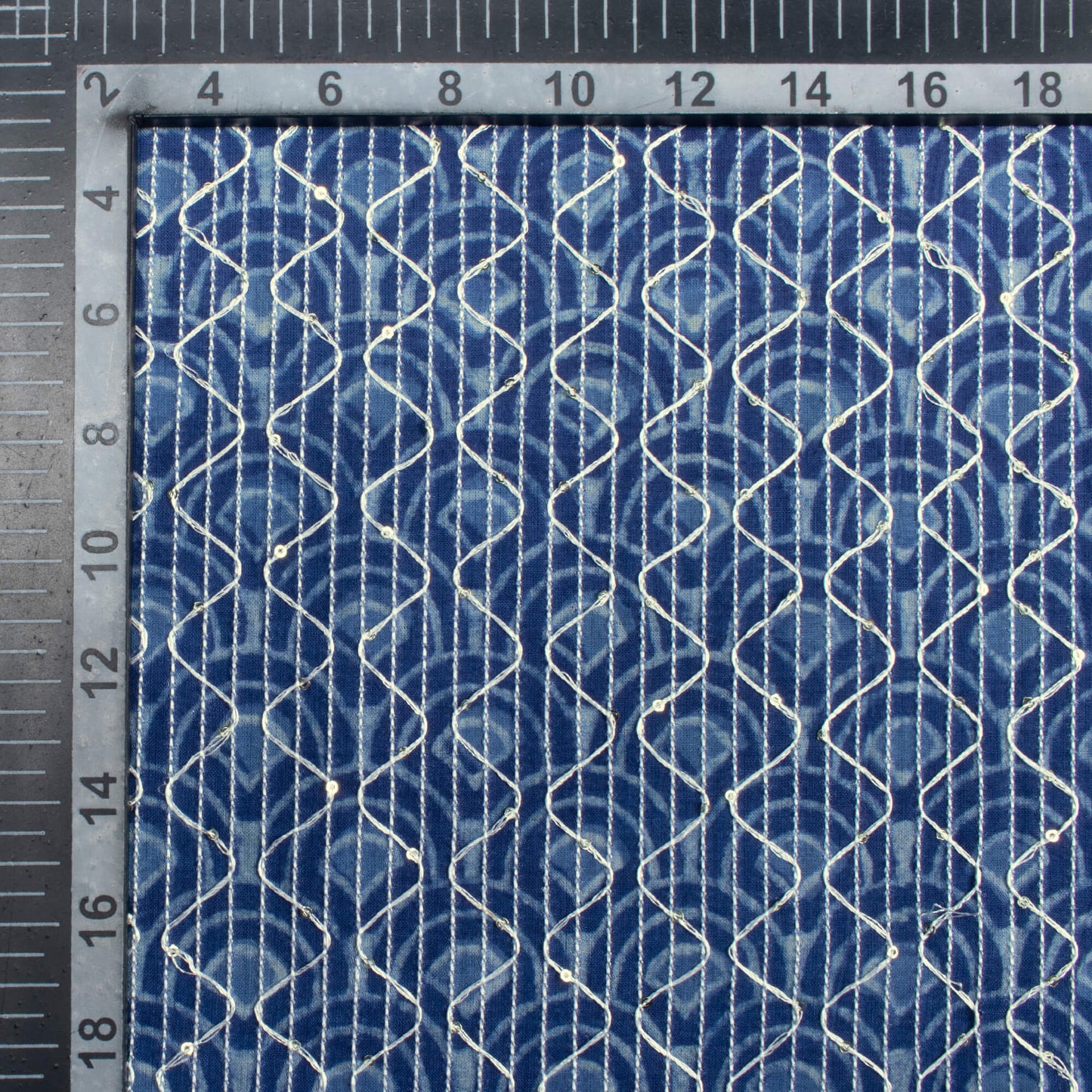 Indigo Trellis Pattern Sequins Embroidery Natural Dye Akola Handblock Cotton Fabric