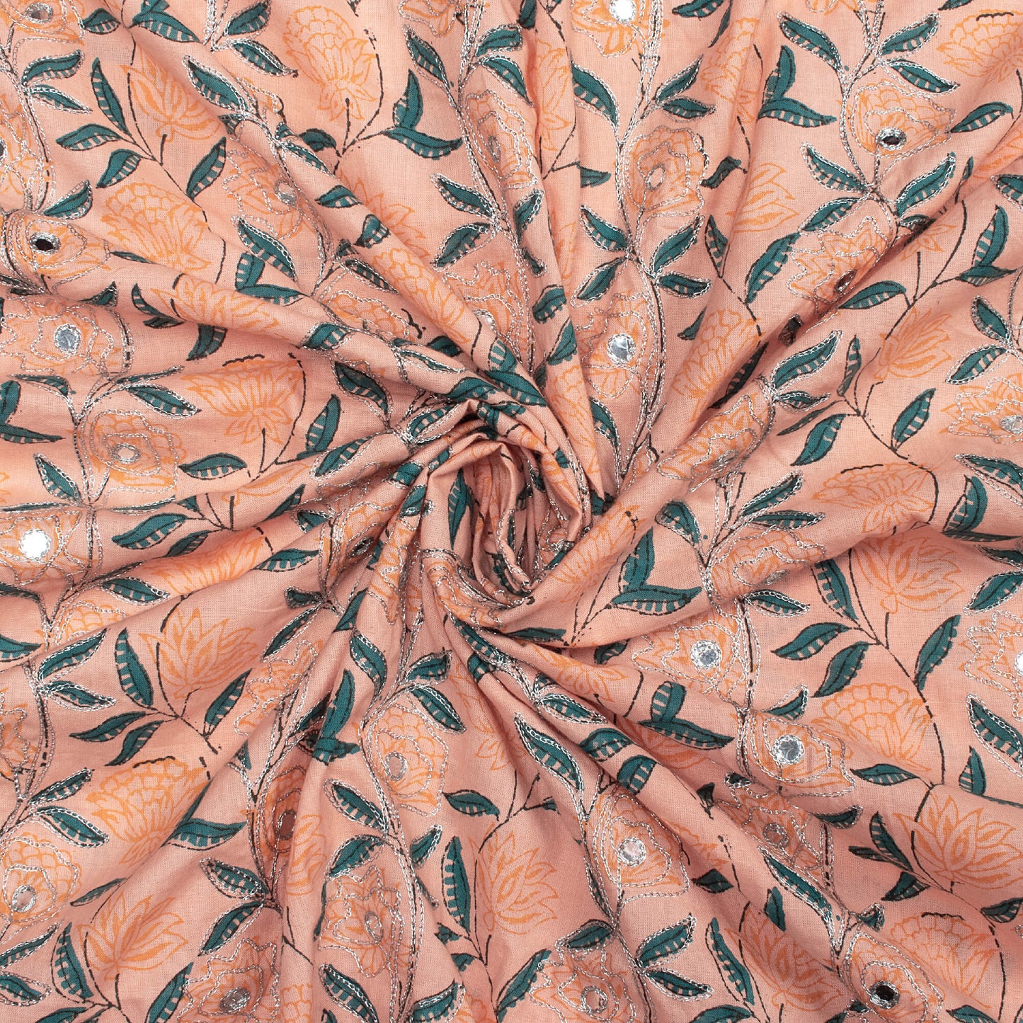 Peach And Teal Blue Floral Pattern Silver Zari Embroidery With Foil Mirror Work Handblock Natural Dye Cotton Fabric