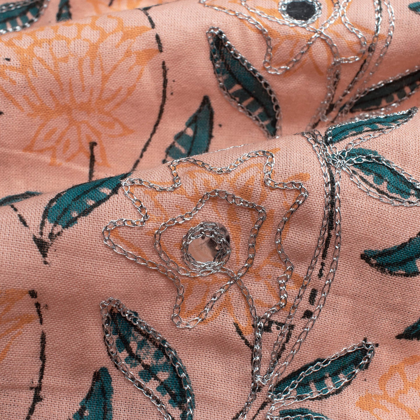Peach And Teal Blue Floral Pattern Silver Zari Embroidery With Foil Mirror Work Handblock Natural Dye Cotton Fabric