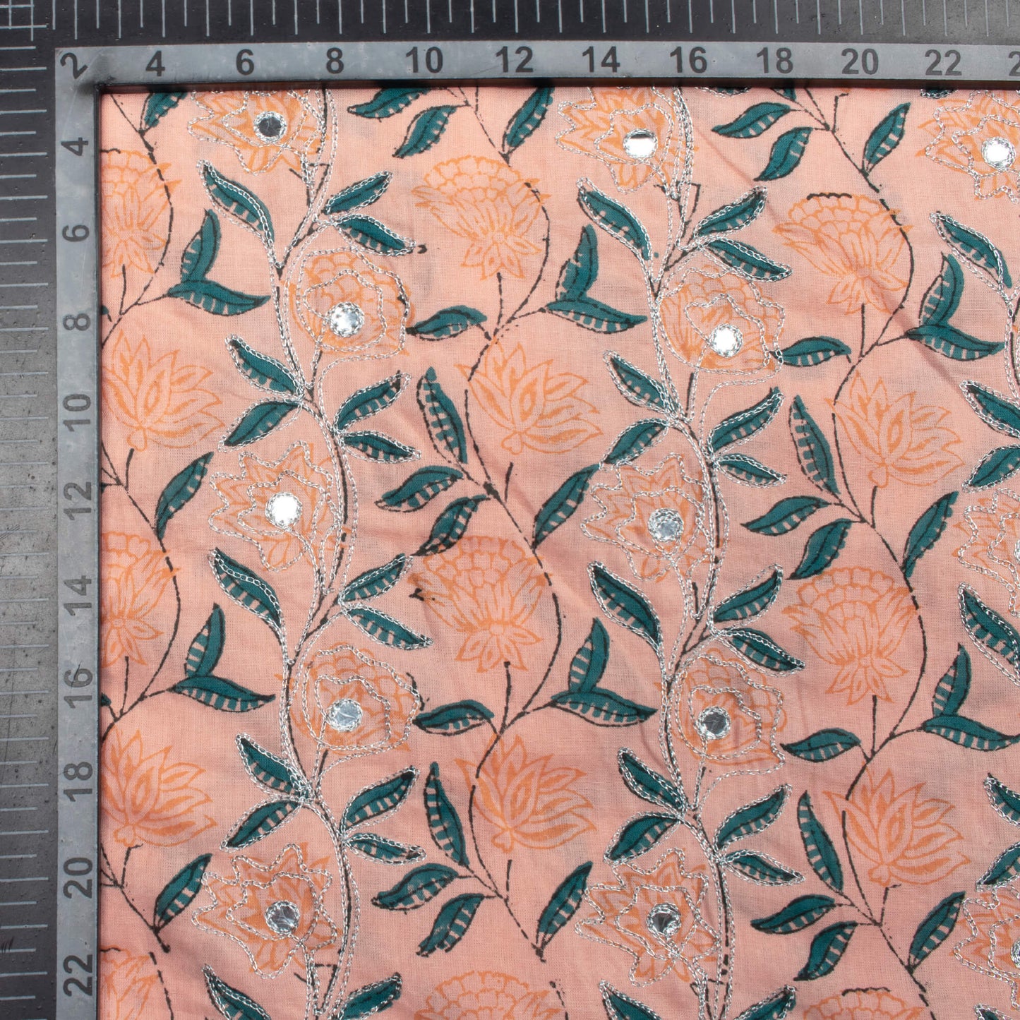 Peach And Teal Blue Floral Pattern Silver Zari Embroidery With Foil Mirror Work Handblock Natural Dye Cotton Fabric