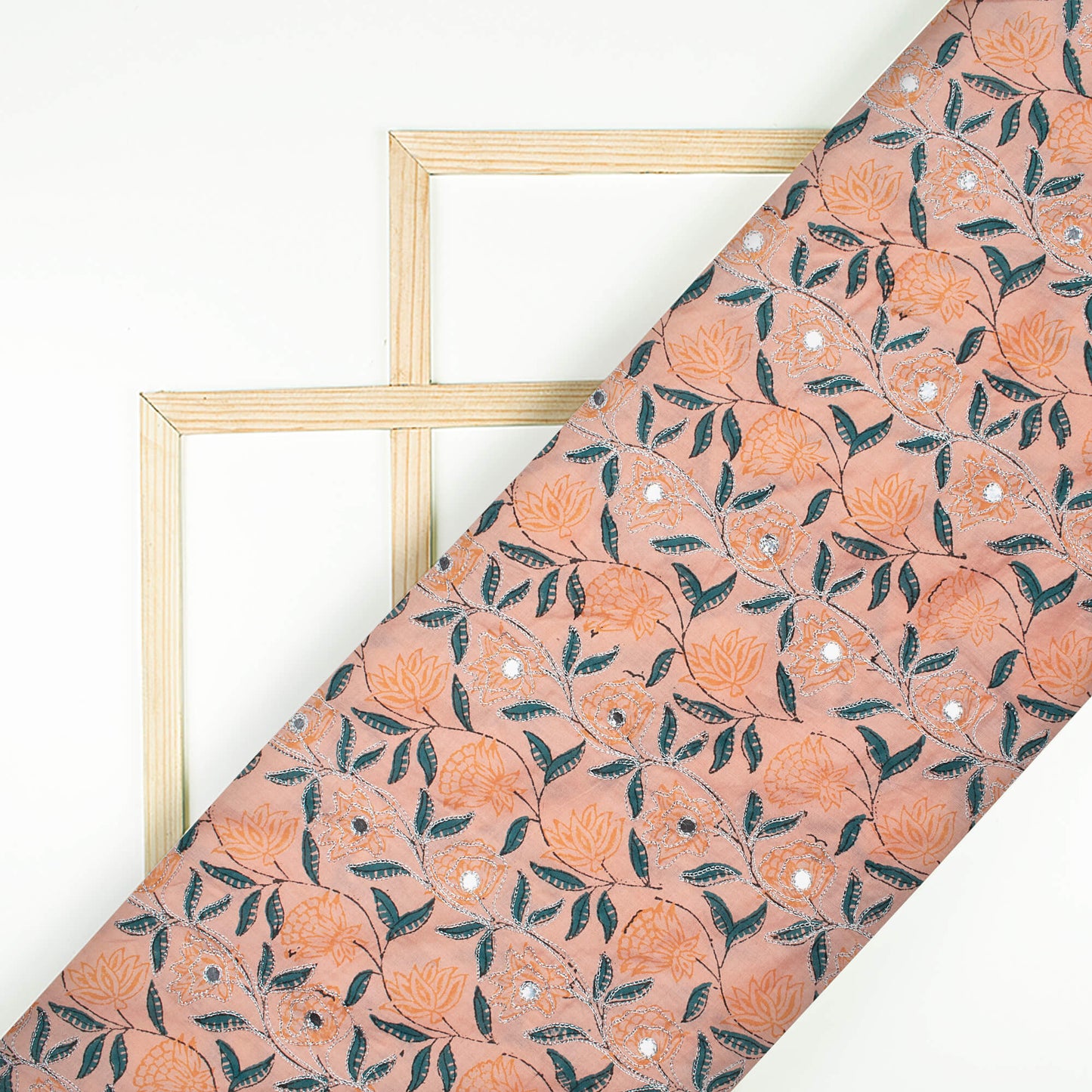 Peach And Teal Blue Floral Pattern Silver Zari Embroidery With Foil Mirror Work Handblock Natural Dye Cotton Fabric