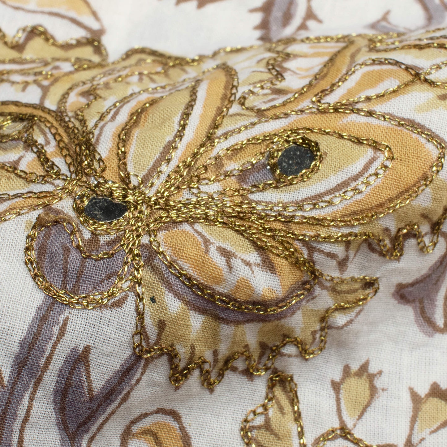 Flex Yellow And Grey Floral Pattern Golden Zari Embroidery With Mirror Work Handblock Cotton Fabric