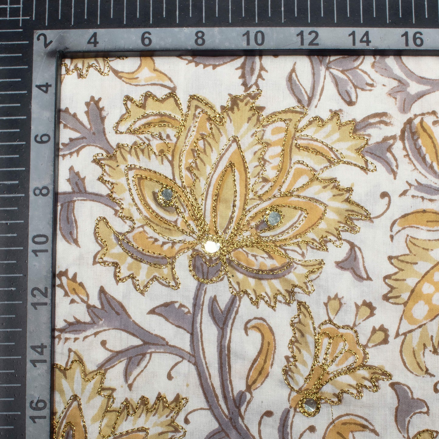 Flex Yellow And Grey Floral Pattern Golden Zari Embroidery With Mirror Work Handblock Cotton Fabric