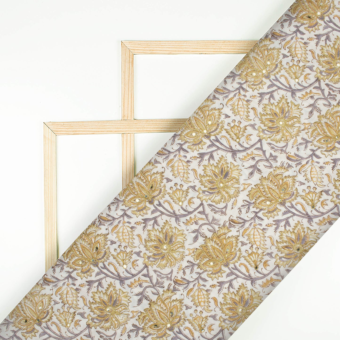 Flex Yellow And Grey Floral Pattern Golden Zari Embroidery With Mirror Work Handblock Cotton Fabric