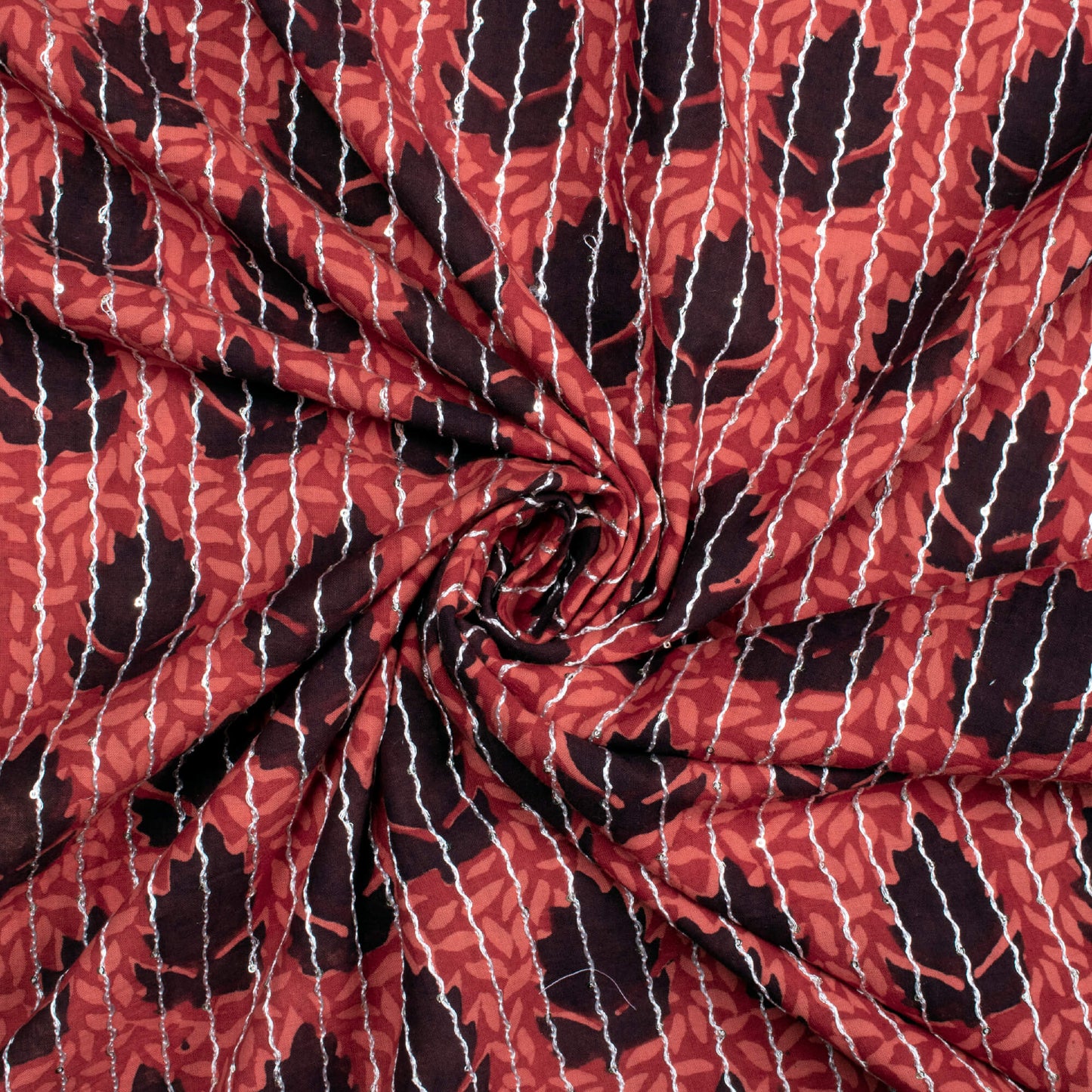 Red And Black Leaf Pattern Bagh Print Sequins Embroidery Handblock Natural Dye Cotton Fabric