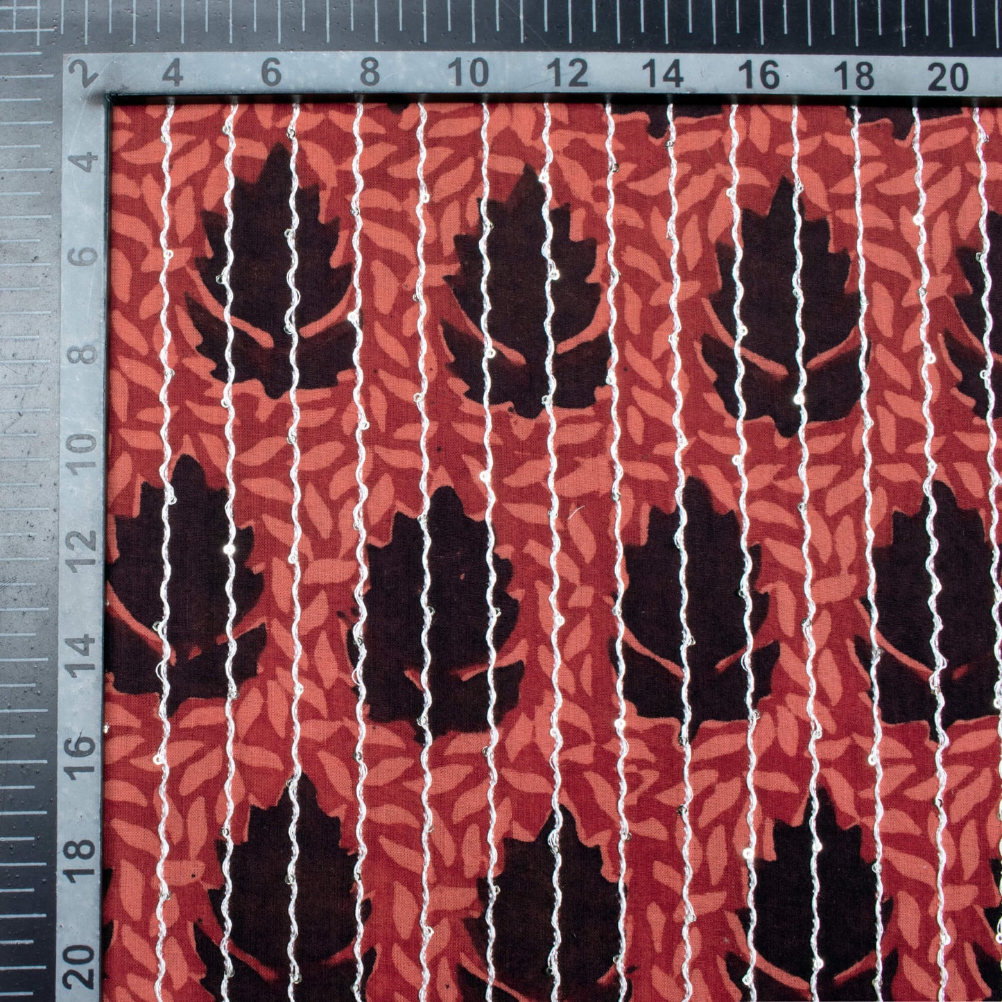 Red And Black Leaf Pattern Bagh Print Sequins Embroidery Handblock Natural Dye Cotton Fabric