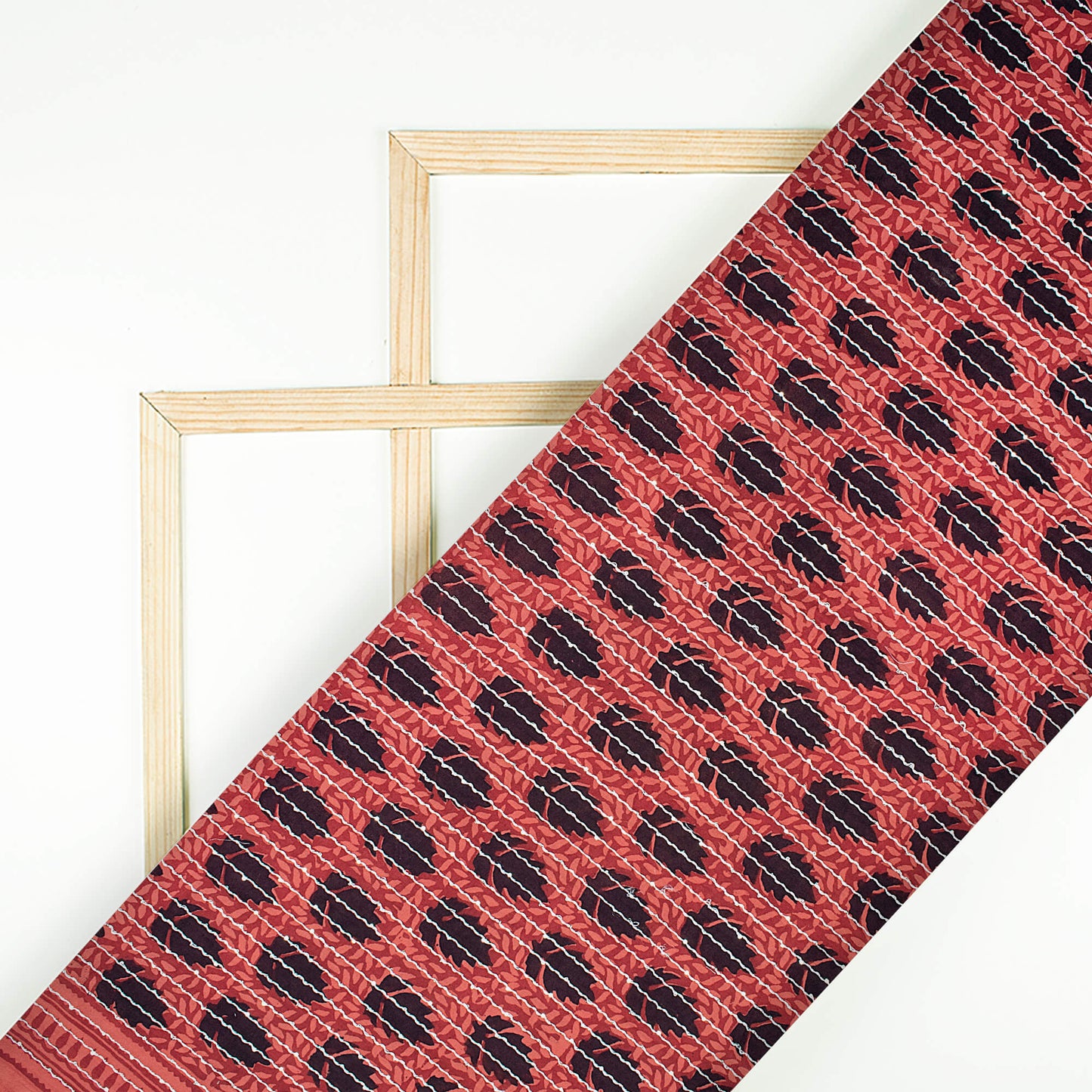 Red And Black Leaf Pattern Bagh Print Sequins Embroidery Handblock Natural Dye Cotton Fabric