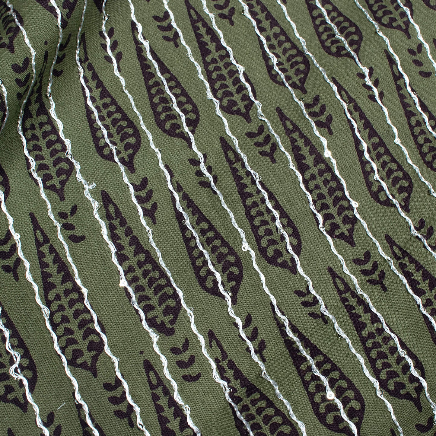 Mineral Green And Black Leaf Pattern Bagh Print Sequins Embroidery Handblock Natural Dye Cotton Fabric