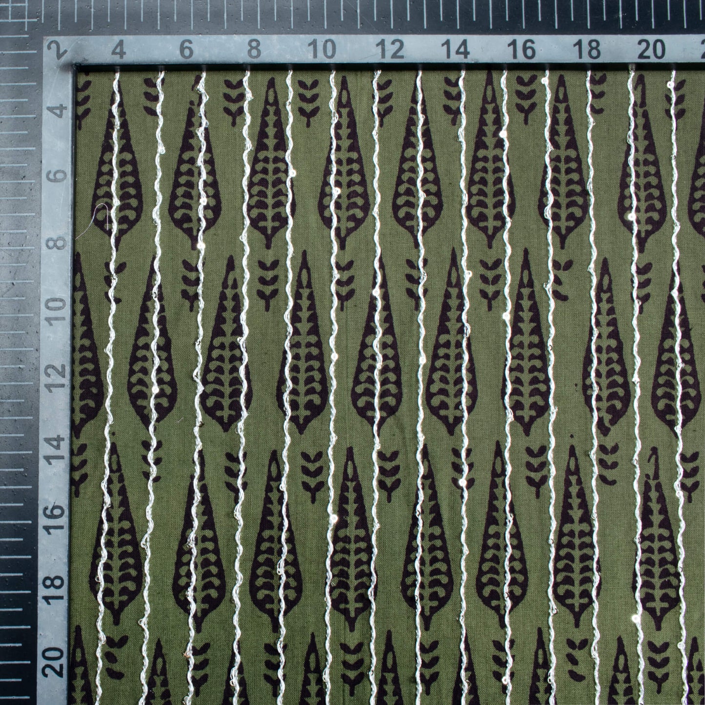 Mineral Green And Black Leaf Pattern Bagh Print Sequins Embroidery Handblock Natural Dye Cotton Fabric