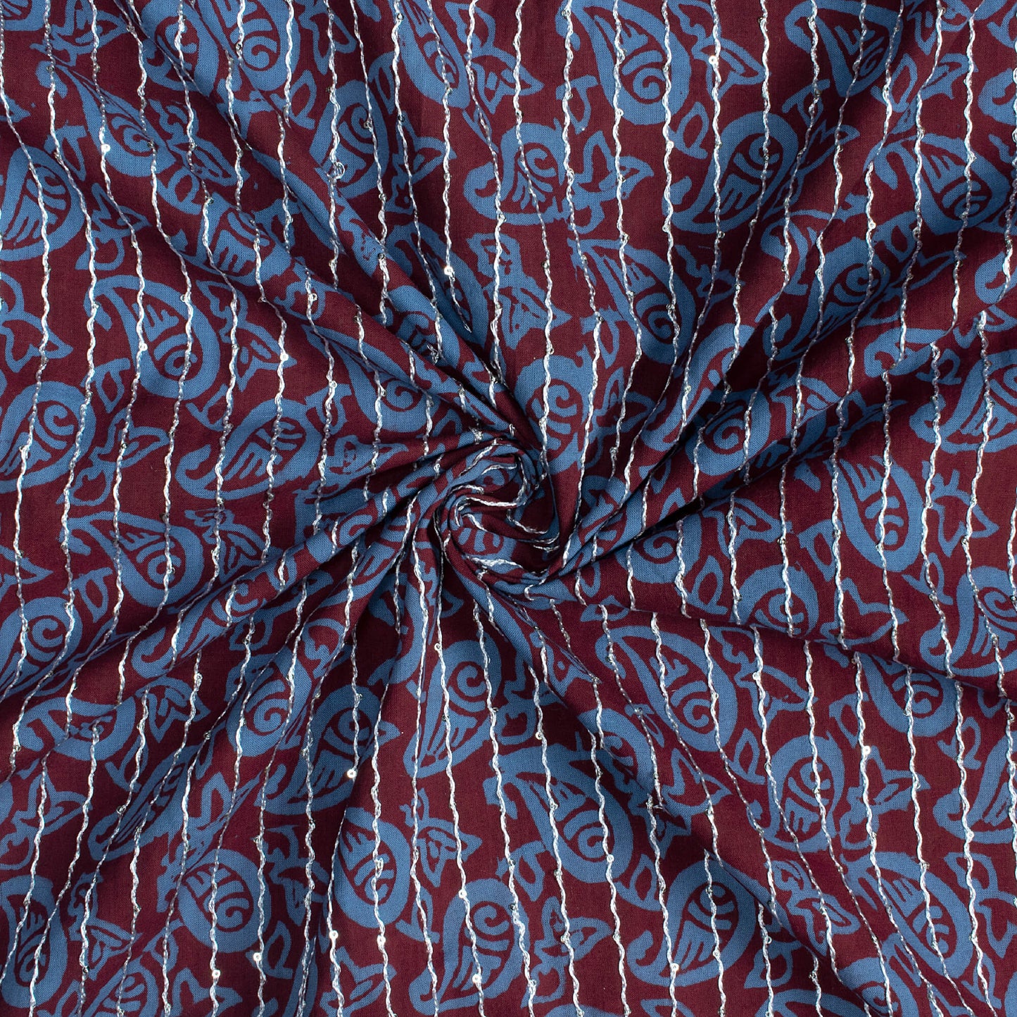Maroon And Maya Blue Paisley Pattern Bagh Print Sequins Embroidery Handblock Natural Dye Cotton Fabric