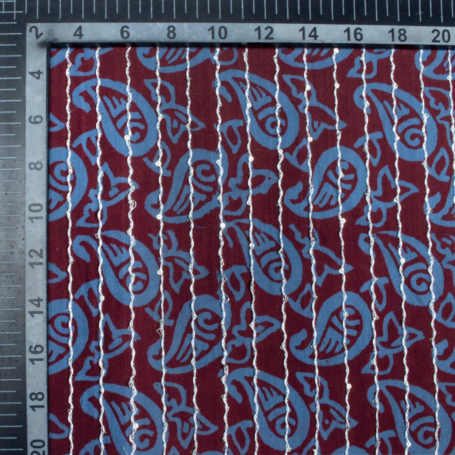Maroon And Maya Blue Paisley Pattern Bagh Print Sequins Embroidery Handblock Natural Dye Cotton Fabric