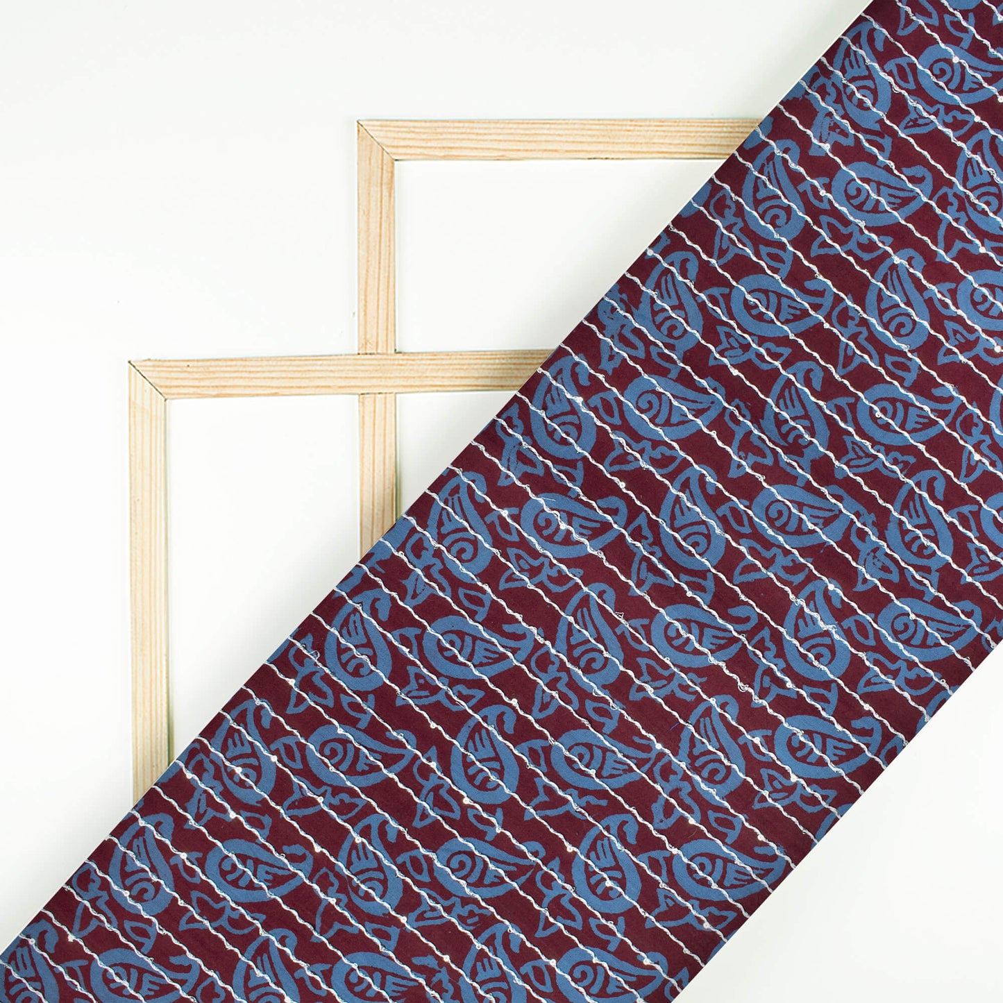 Maroon And Maya Blue Paisley Pattern Bagh Print Sequins Embroidery Handblock Natural Dye Cotton Fabric