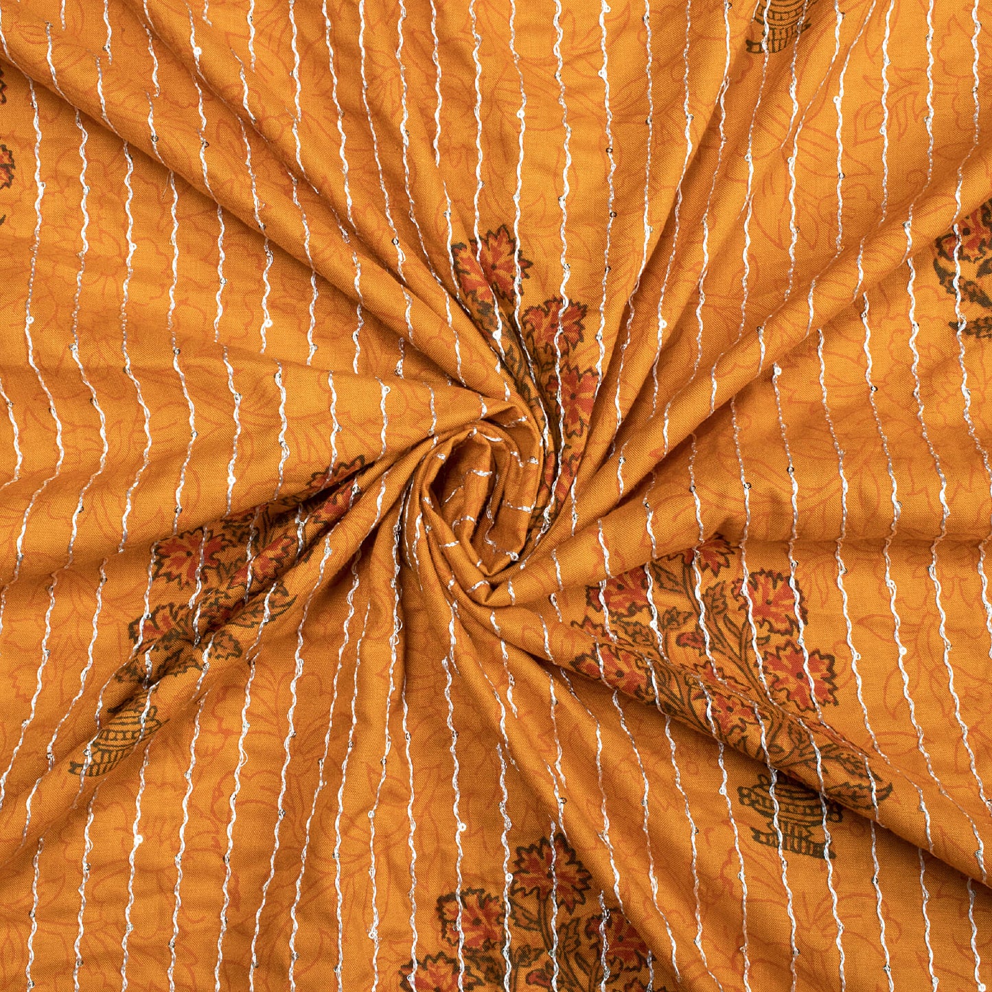 Ochre Yellow And Red Floral Pattern Sequins Embroidery Handblock Lizzy Bizzy Fabric