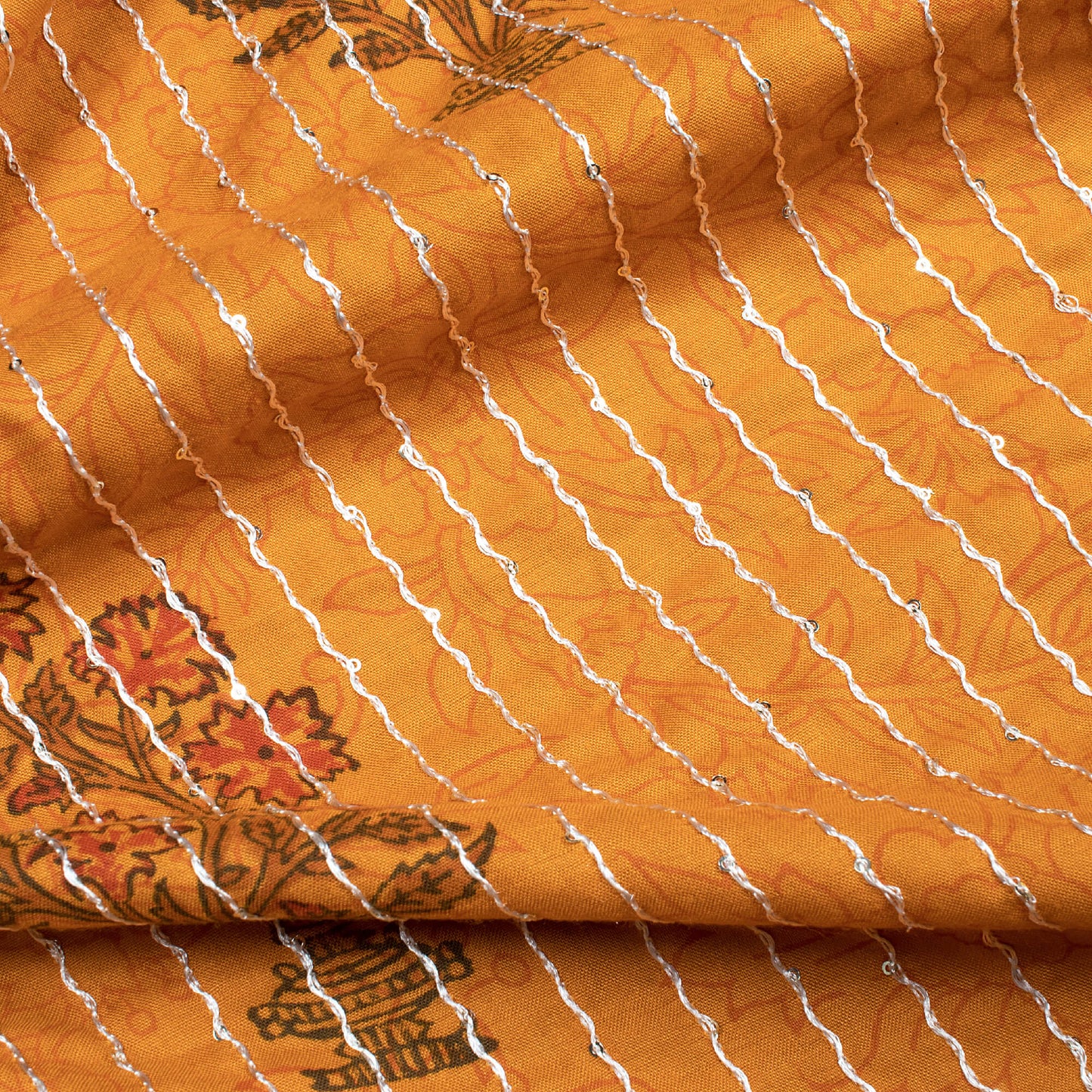 Ochre Yellow And Red Floral Pattern Sequins Embroidery Handblock Lizzy Bizzy Fabric