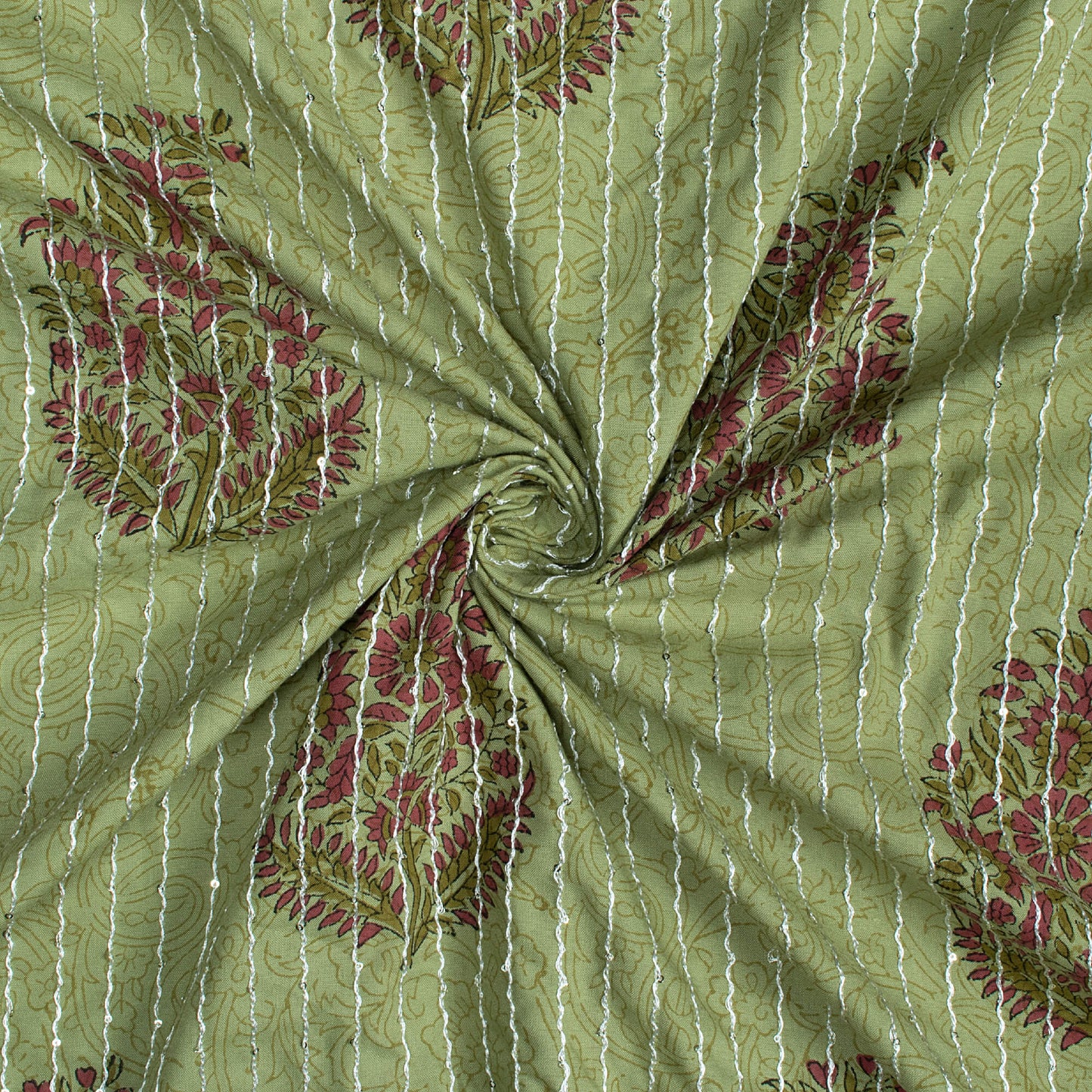 Sage Green And Maroon Floral Pattern Sequins Embroidery Handblock Lizzy Bizzy Fabric