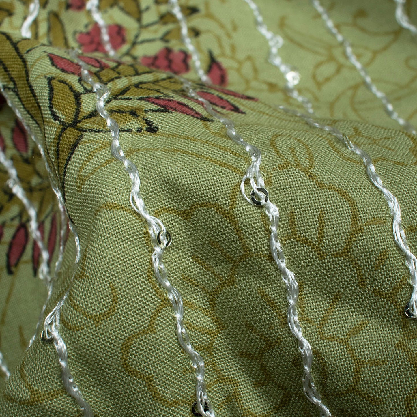 Sage Green And Maroon Floral Pattern Sequins Embroidery Handblock Lizzy Bizzy Fabric