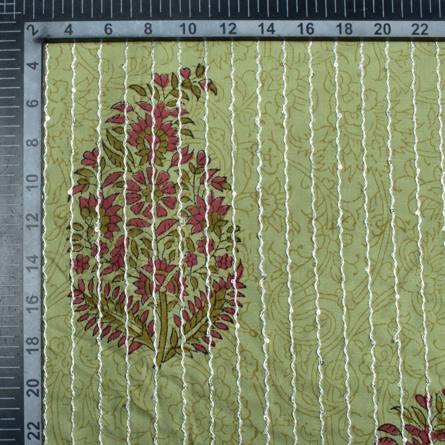 Sage Green And Maroon Floral Pattern Sequins Embroidery Handblock Lizzy Bizzy Fabric