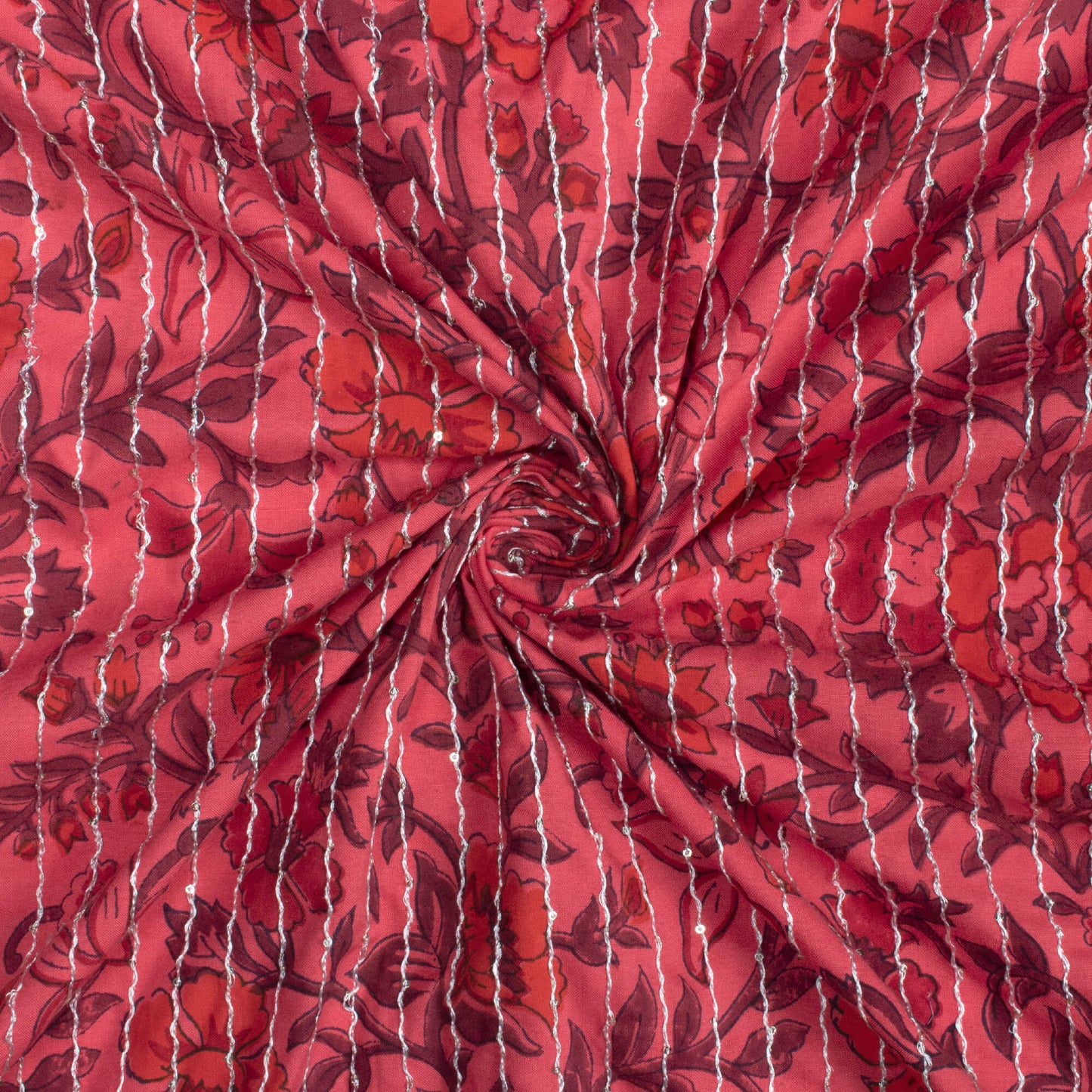 Desire Pink And Orange Floral Pattern Sequins Embroidery Handblock Lizzy Bizzy Fabric