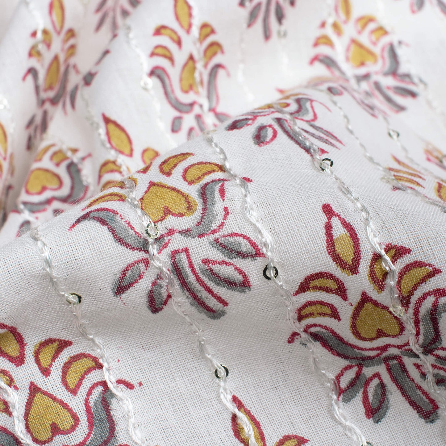 White And Mustard Yellow Booti Pattern Sequins Embroidery Natural Dye Handblock Organic Cotton Fabric