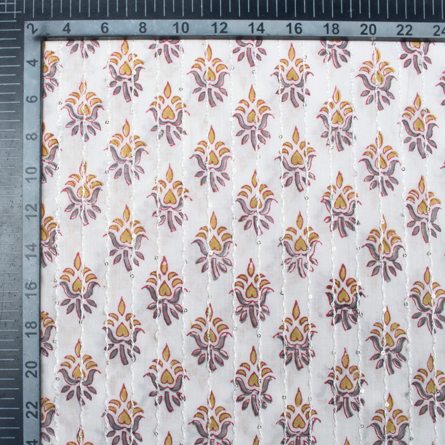 White And Mustard Yellow Booti Pattern Sequins Embroidery Natural Dye Handblock Organic Cotton Fabric