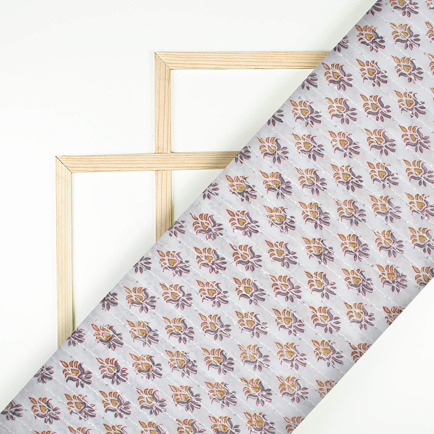 White And Mustard Yellow Booti Pattern Sequins Embroidery Natural Dye Handblock Organic Cotton Fabric