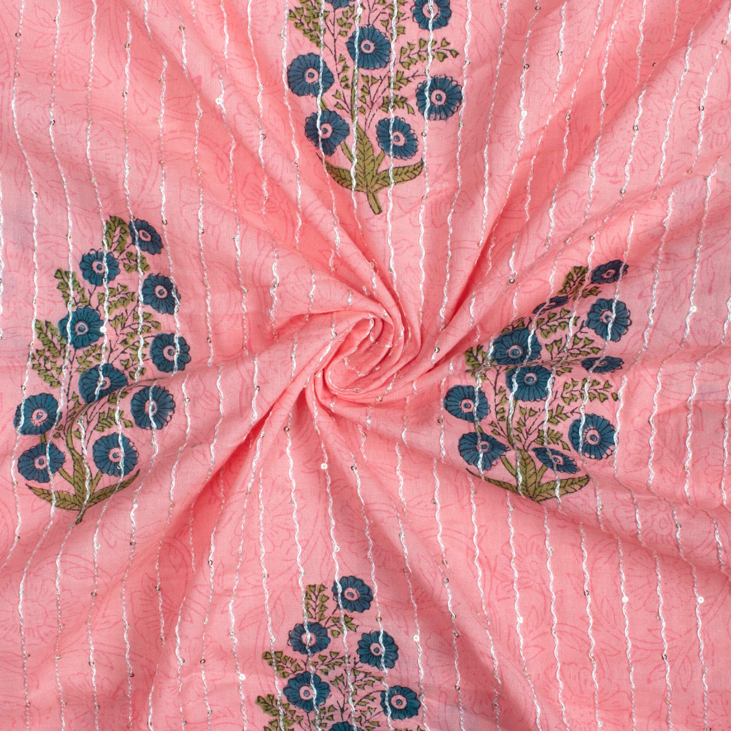 Rose Pink And Teal Blue Floral Pattern Sequins Embroidery Handblock Natural Dye Cotton Fabric