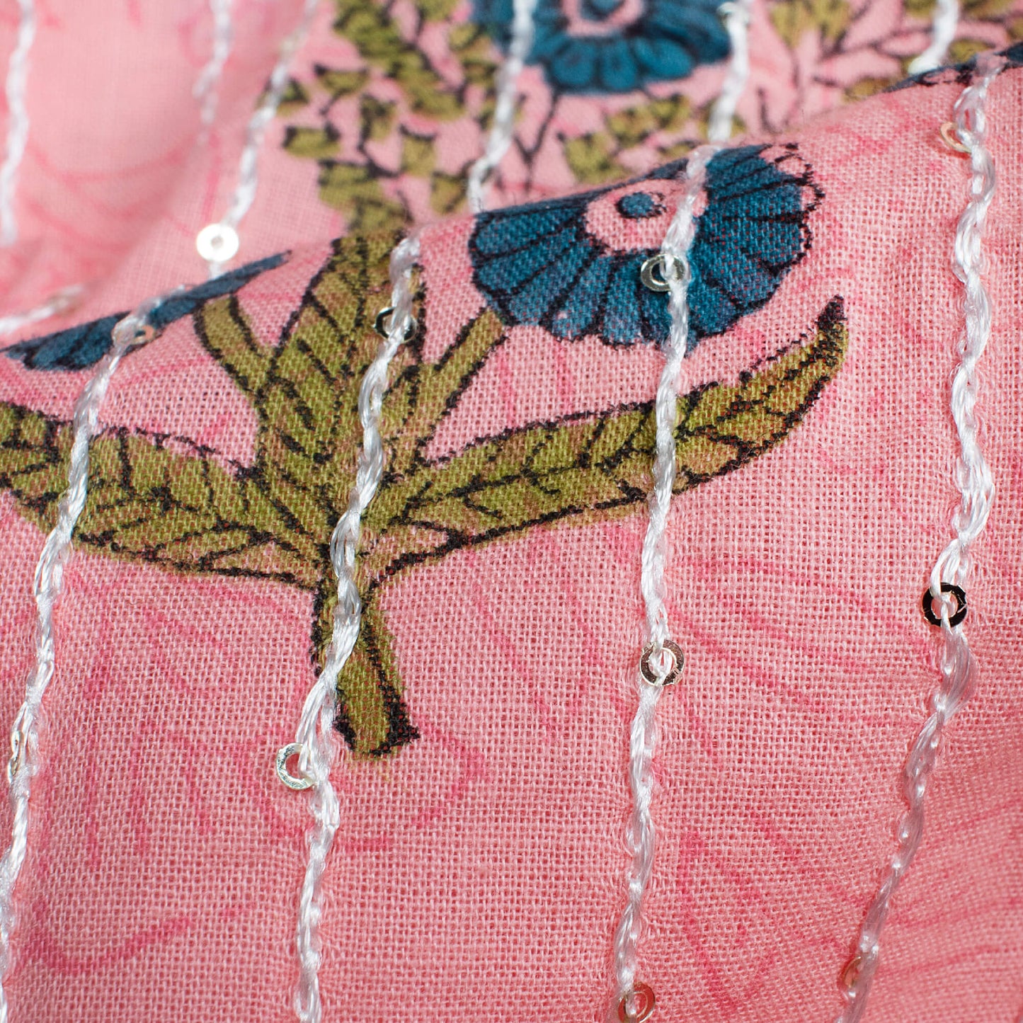 Rose Pink And Teal Blue Floral Pattern Sequins Embroidery Handblock Natural Dye Cotton Fabric