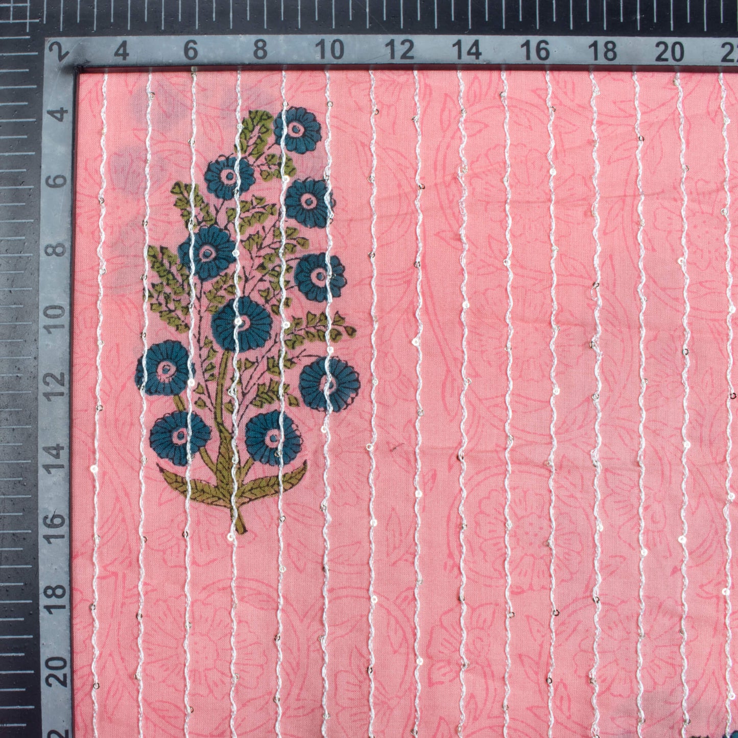 Rose Pink And Teal Blue Floral Pattern Sequins Embroidery Handblock Natural Dye Cotton Fabric