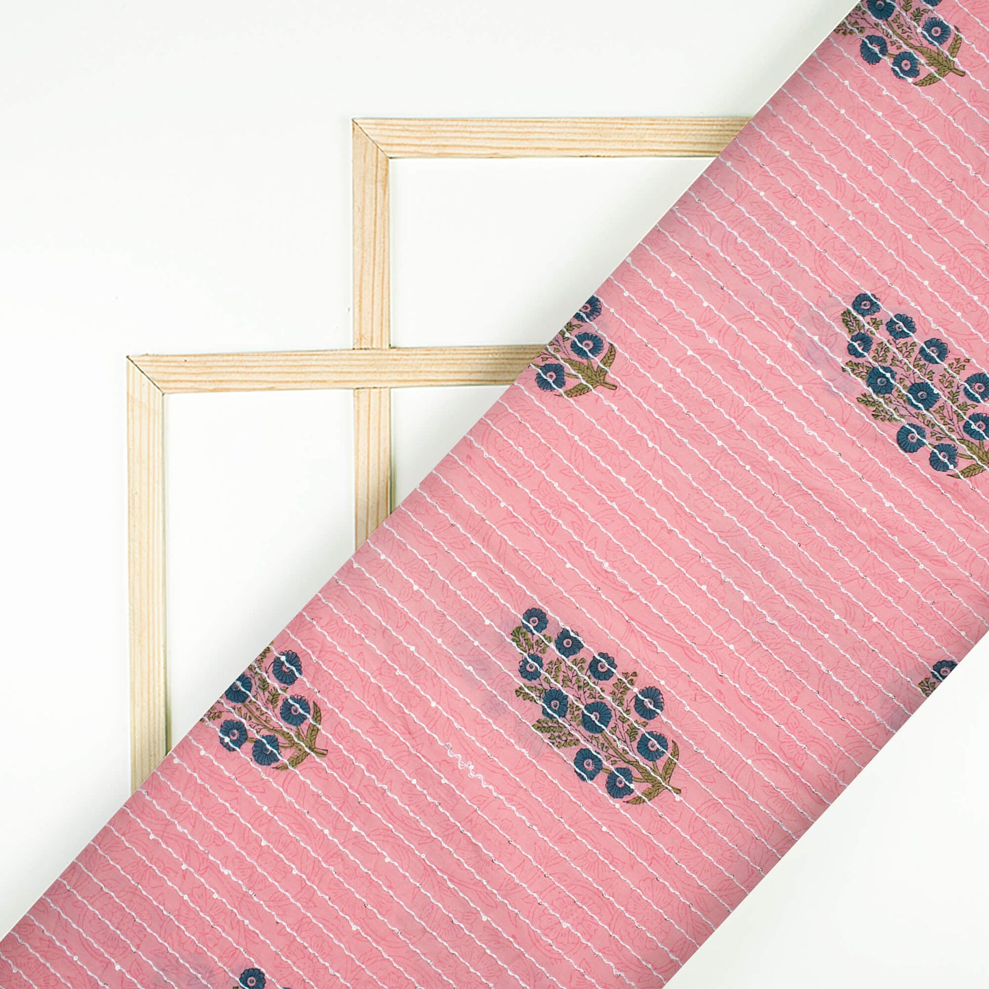 Rose Pink And Teal Blue Floral Pattern Sequins Embroidery Handblock Natural Dye Cotton Fabric