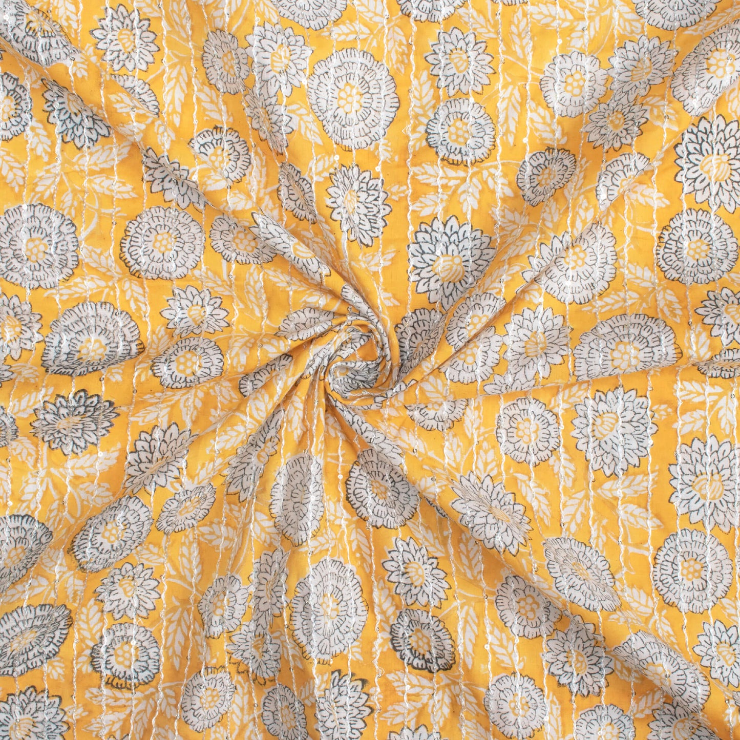 Butter Yellow And Off White Floral Pattern Sequins Embroidery Natural Dye Handblock Organic Cotton Fabric