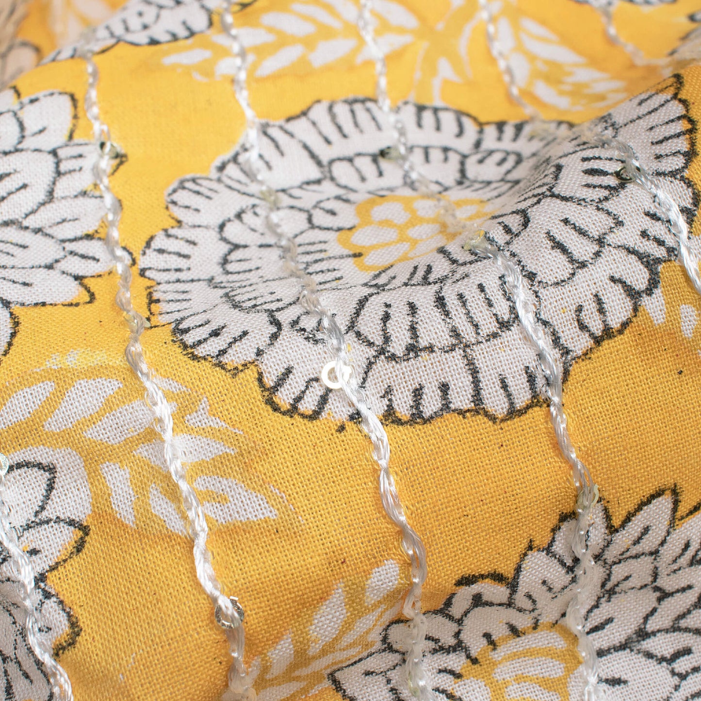 Butter Yellow And Off White Floral Pattern Sequins Embroidery Natural Dye Handblock Organic Cotton Fabric