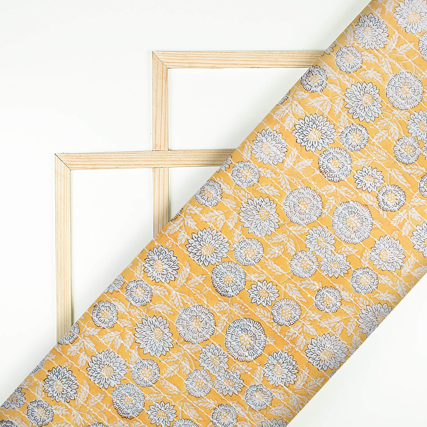 Butter Yellow And Off White Floral Pattern Sequins Embroidery Natural Dye Handblock Organic Cotton Fabric