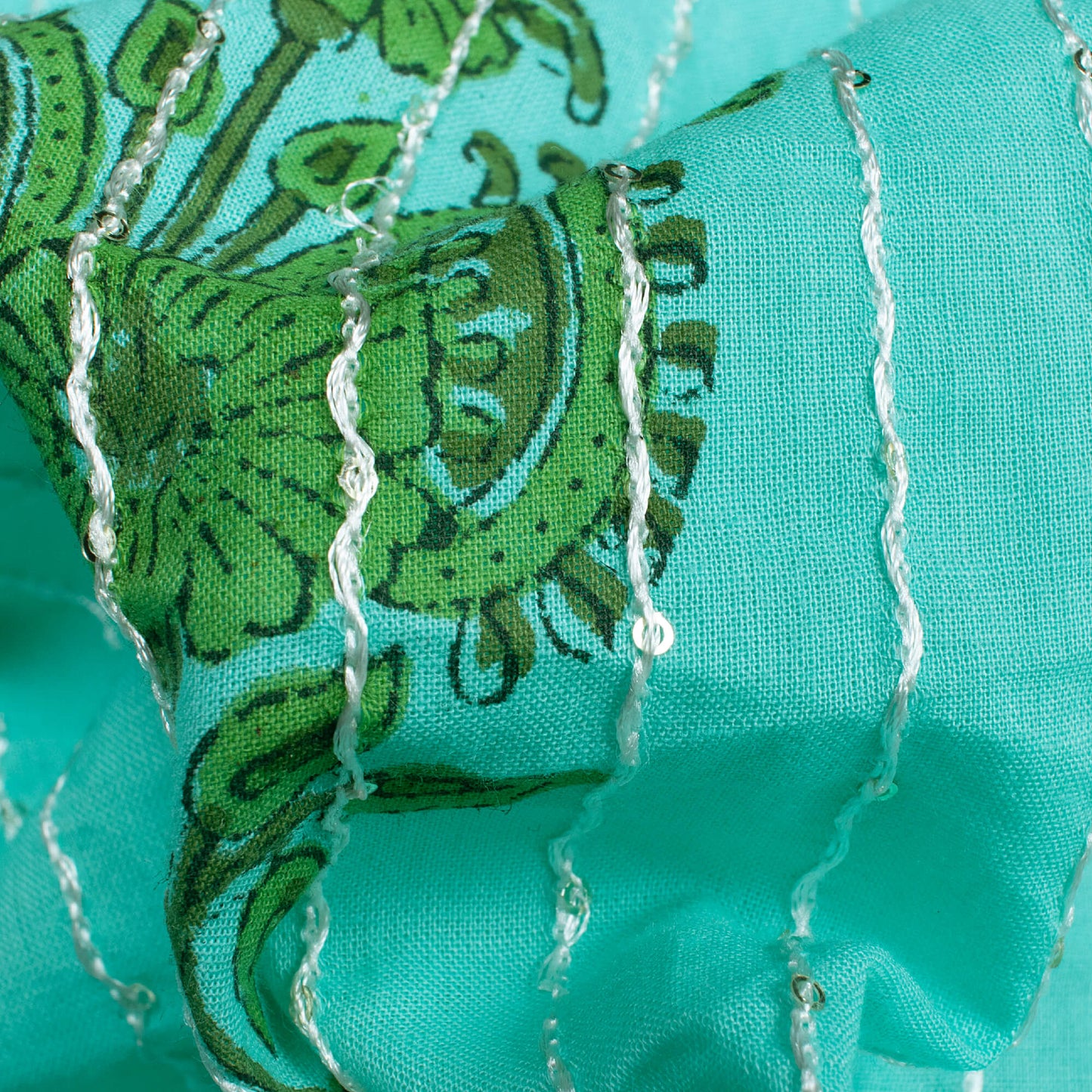 Belize Blue And Green Floral Pattern Sequins Embroidery Handblock Natural Dye Cotton Fabric