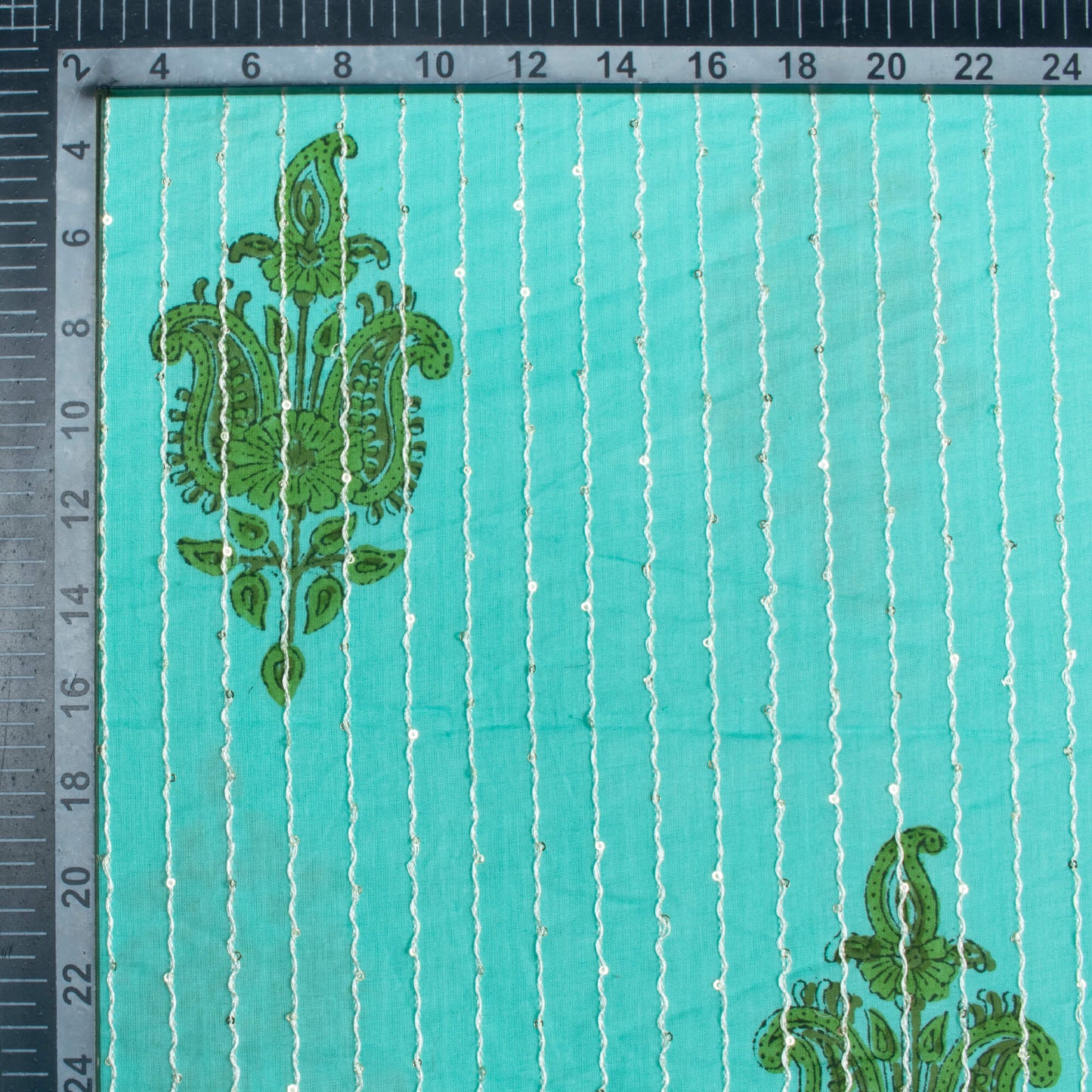 Belize Blue And Green Floral Pattern Sequins Embroidery Handblock Natural Dye Cotton Fabric