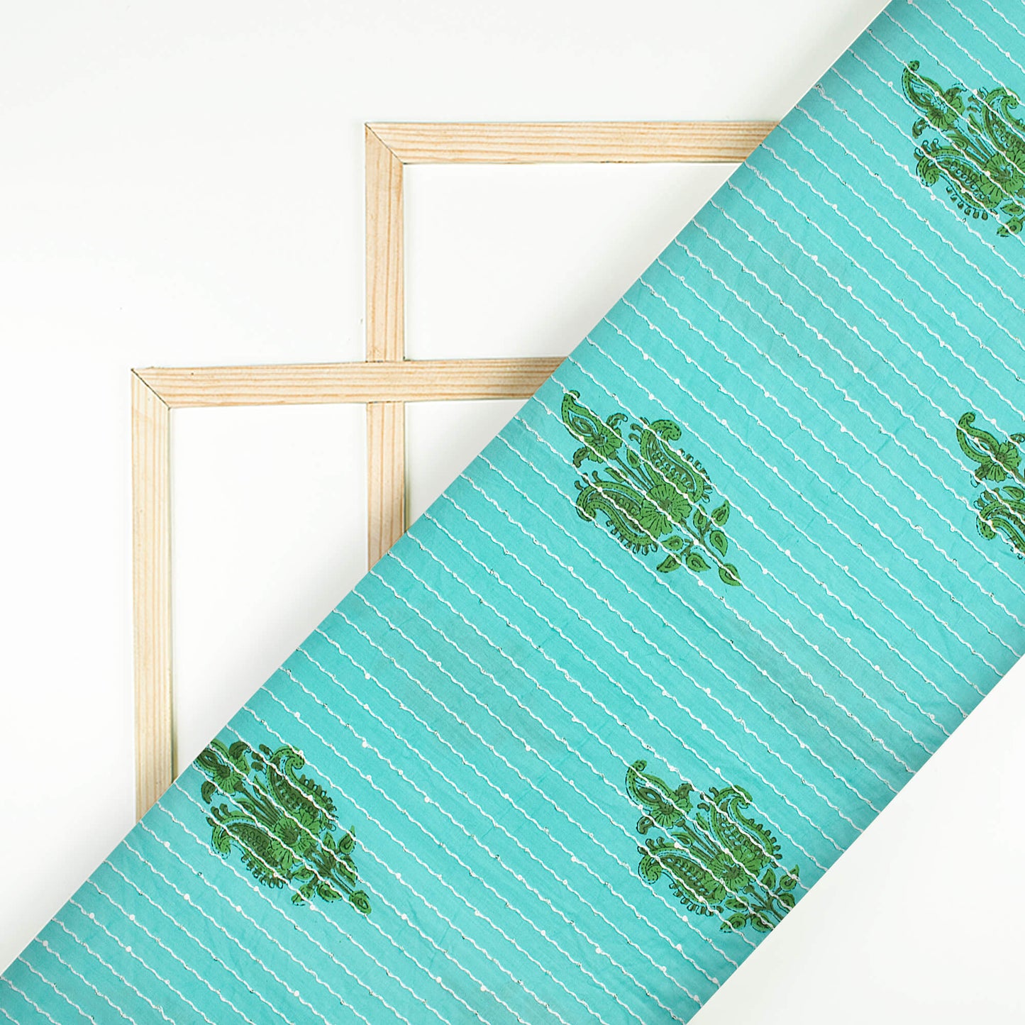 Belize Blue And Green Floral Pattern Sequins Embroidery Handblock Natural Dye Cotton Fabric