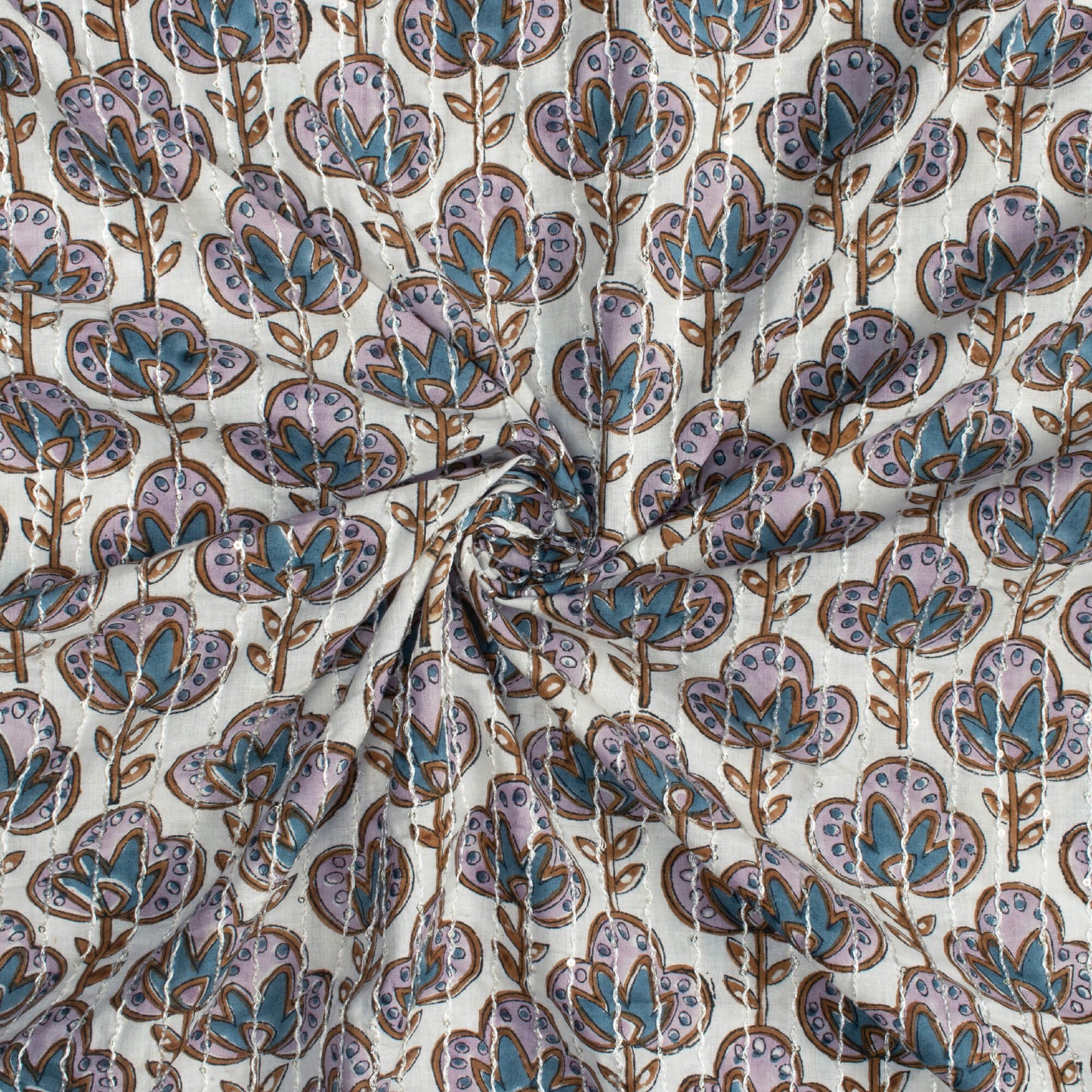 White And Blue Floral Pattern Sequins Embroidery Handblock Cotton Fabric