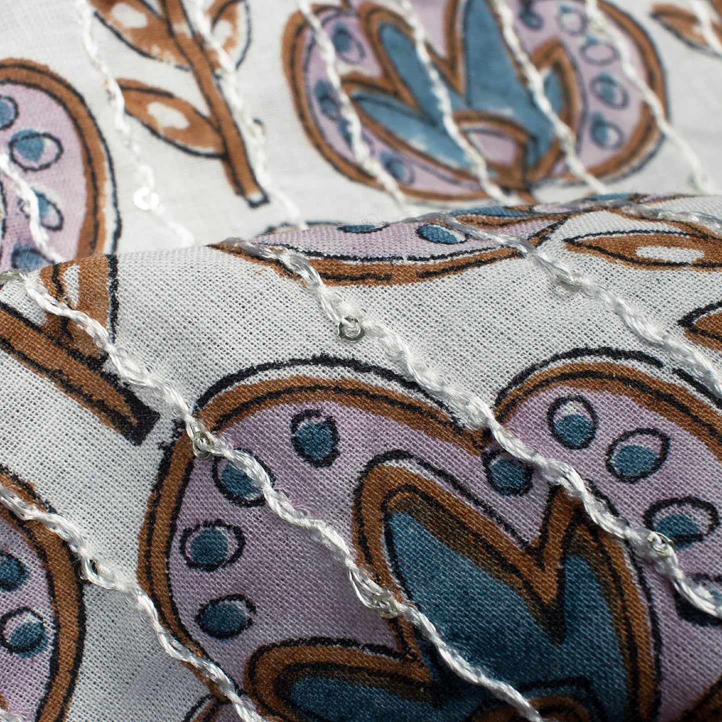 White And Blue Floral Pattern Sequins Embroidery Handblock Cotton Fabric