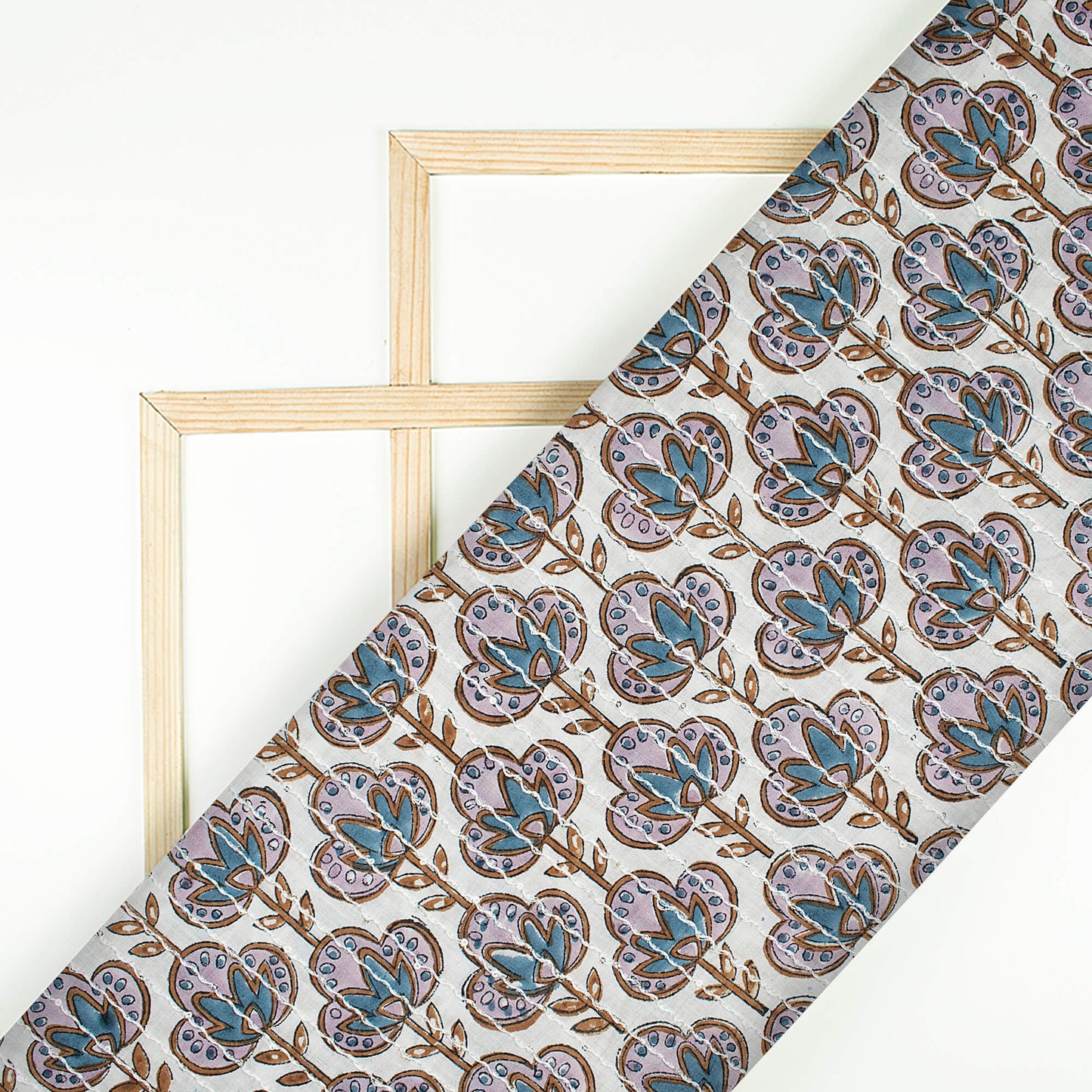 White And Blue Floral Pattern Sequins Embroidery Handblock Cotton Fabric