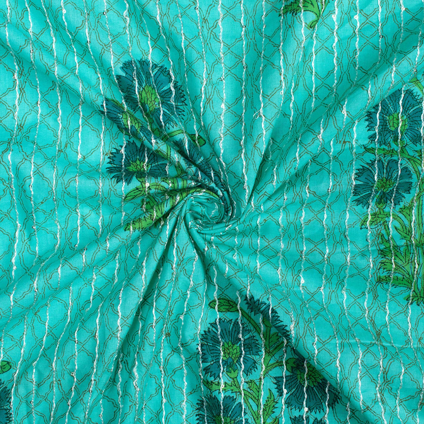 Belize Blue And Aegean Blue Floral Pattern Sequins Embroidery Handblock Natural Dye Cotton Fabric
