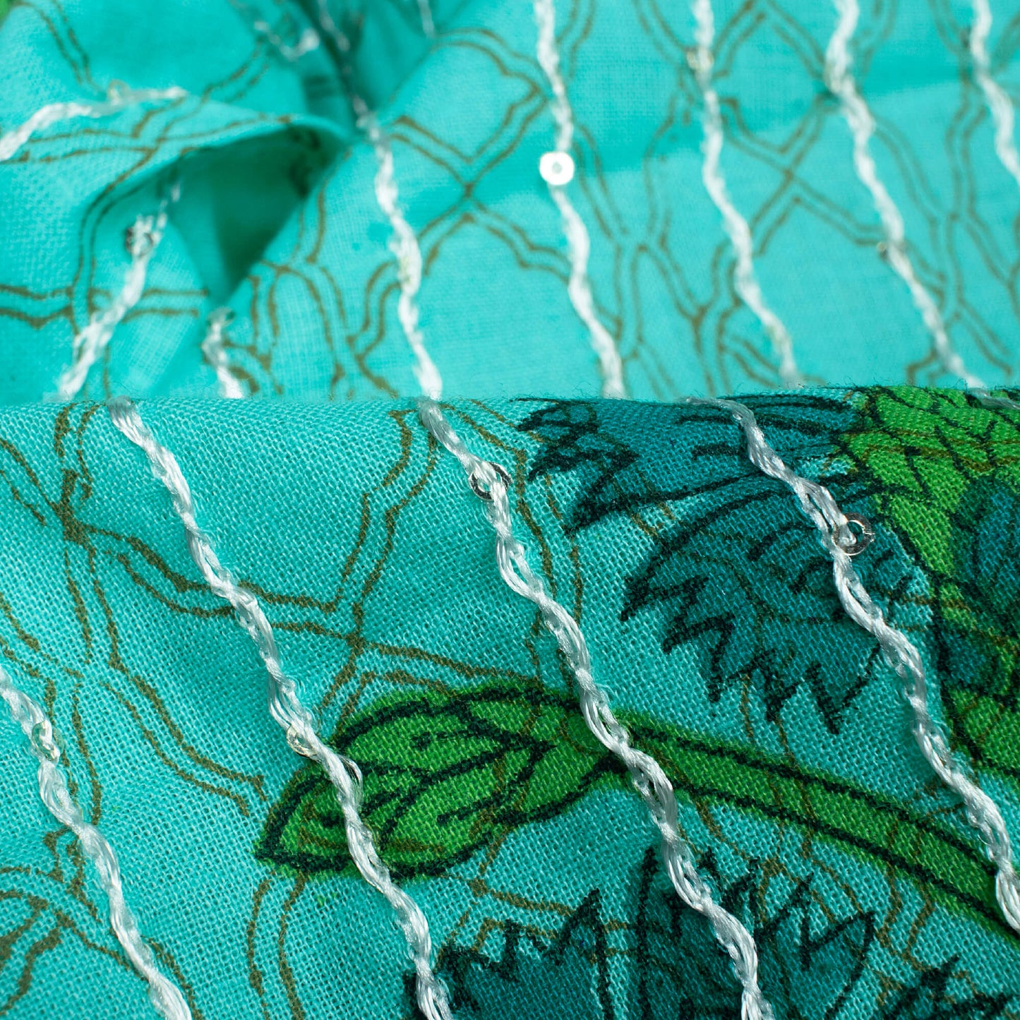 Belize Blue And Aegean Blue Floral Pattern Sequins Embroidery Handblock Natural Dye Cotton Fabric