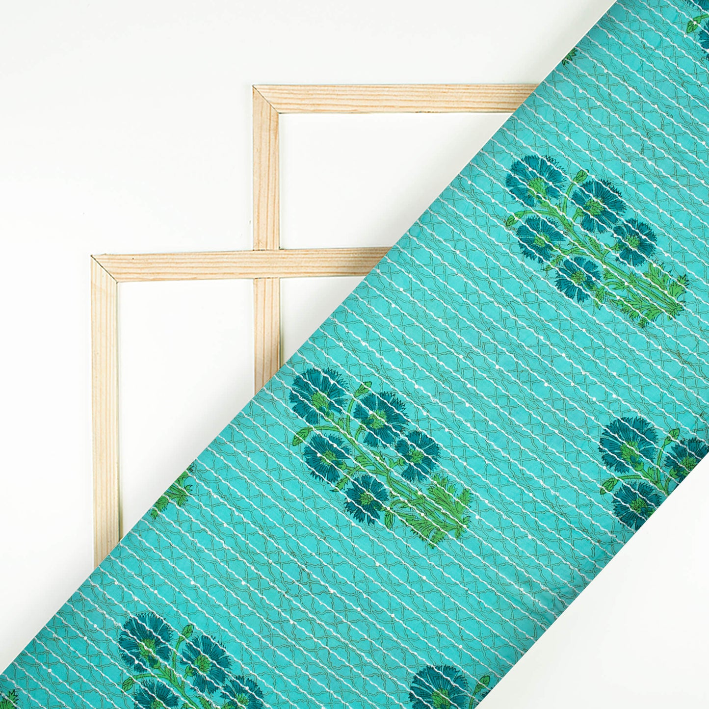 Belize Blue And Aegean Blue Floral Pattern Sequins Embroidery Handblock Natural Dye Cotton Fabric