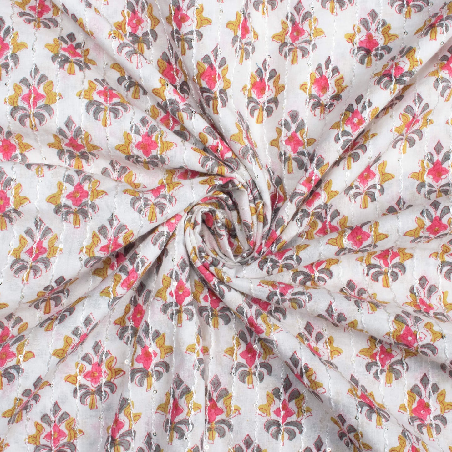 White And Grey Booti Pattern Sequins Embroidery Natural Dye Handblock Organic Cotton Fabric