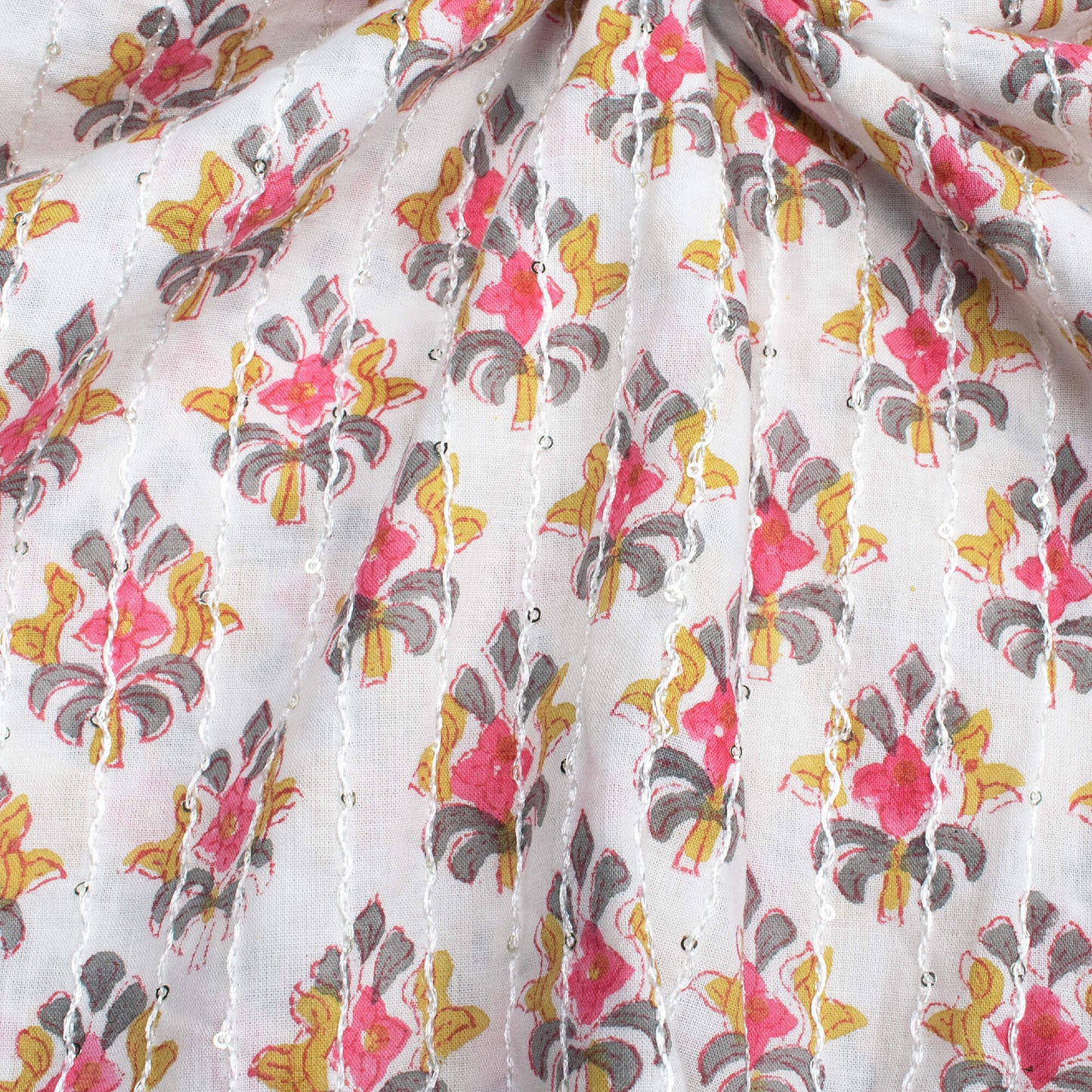 White And Grey Booti Pattern Sequins Embroidery Natural Dye Handblock Organic Cotton Fabric