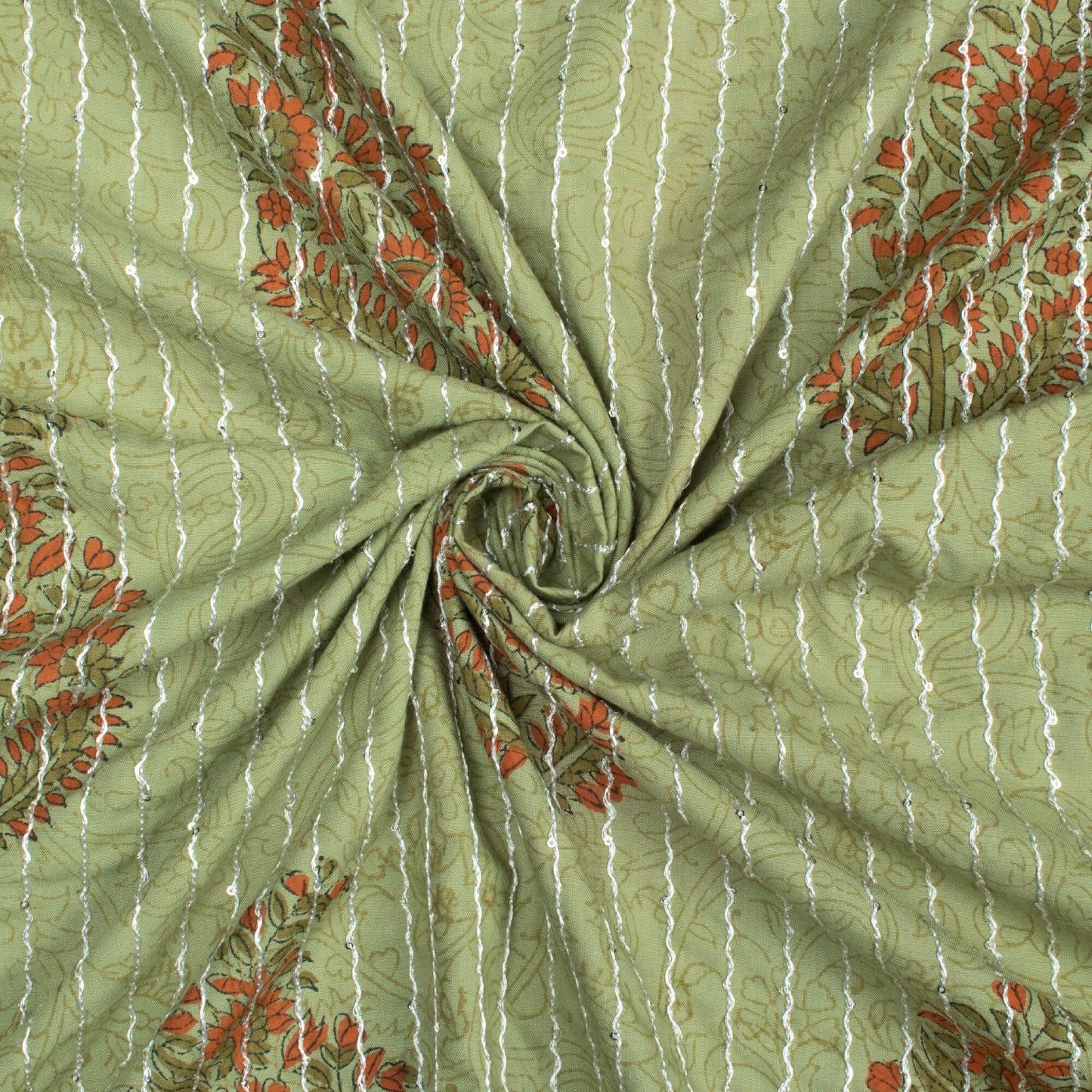 Sage Green And Orange Floral Pattern Sequins Embroidery Handblock Lizzy Bizzy Fabric